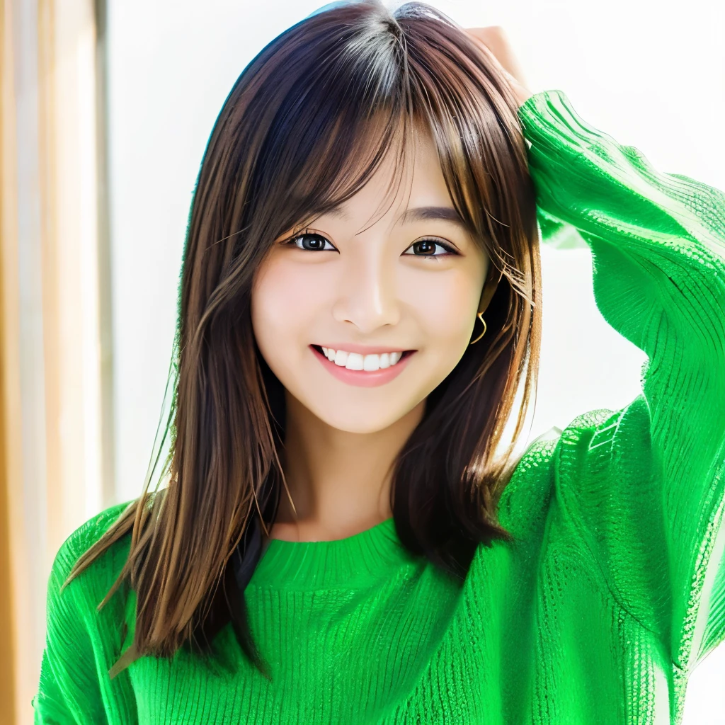 girl、green sweater、straight hair、smile、blush、subjective