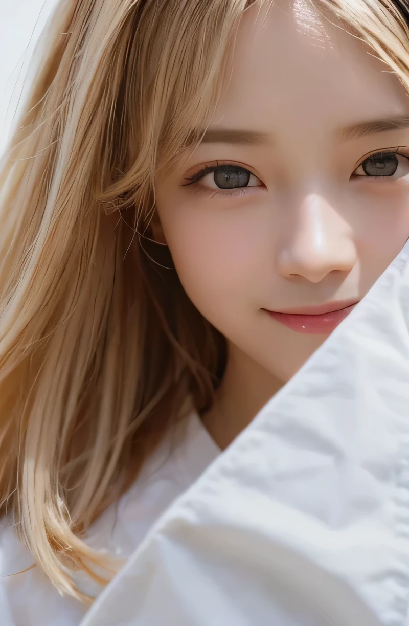 masterpiece, highest quality, 8K, disorganized, (Upper body:1.4), white shirt, beautiful girl, cute face, looking at the viewer, (smile:1.3), surreal, High resolution, photo shoot, film grain, chromatic aberration, sharp focus, HDR, face light, dynamic lighting, cinematic lighting, professional shadow, simple background, (simple background:1.4), most detailed, very detailed, super detailed, finely, real skin, delicate features, detailed face and eyes, sharp pupils, realistic student