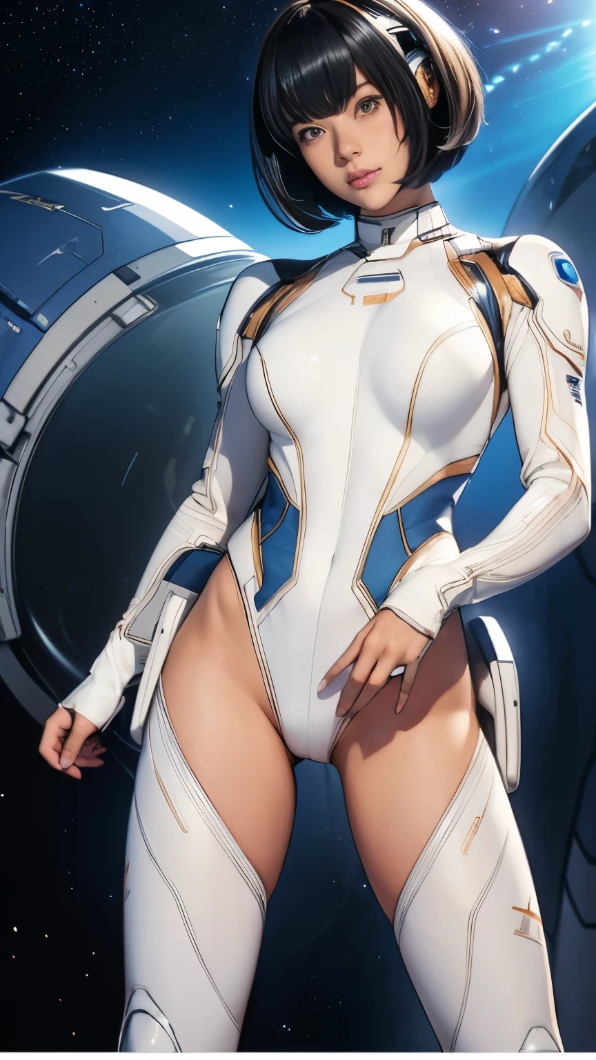 (masterpiece、highest quality、highest resolution、clear_image、Detailed details): (full body figure、15 year old girl、Japanese face、small face、thin、navy blue super short bob cut hair、blue colored eyes、((navy long sleeve space suit、space helmet))、headset、cosmic handbag、cute type、gentle smile、soft expression、headset、(((knee high boots)))、gloves up to the elbow、eye level shot、face directly、woman on a spaceship), (((camel toe))), ((Pure white leotard))