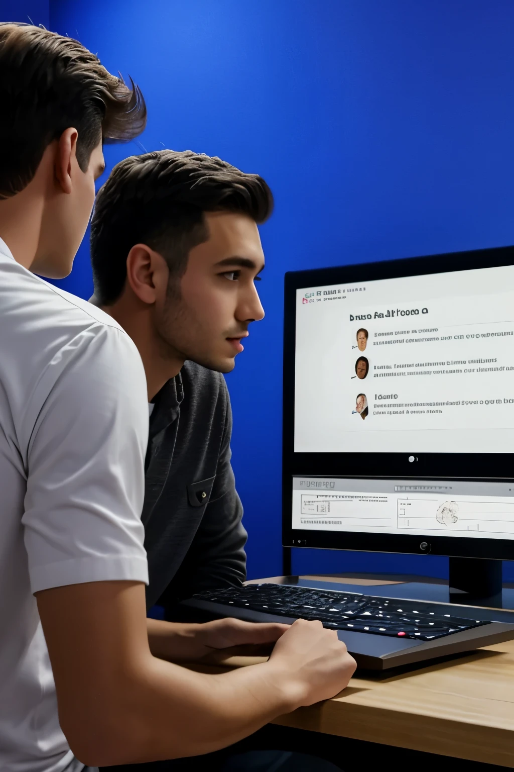 Imagen de Lucas y Aria: En esta imagen, podemos ver a Lucas, the 25 year old, sentado frente a una computadora con Aria, la IA, en la pantalla. Lucas is excited and focused, while Aria displays an interactive interface with graphics and data that helps Lucas in his learning and skill development.