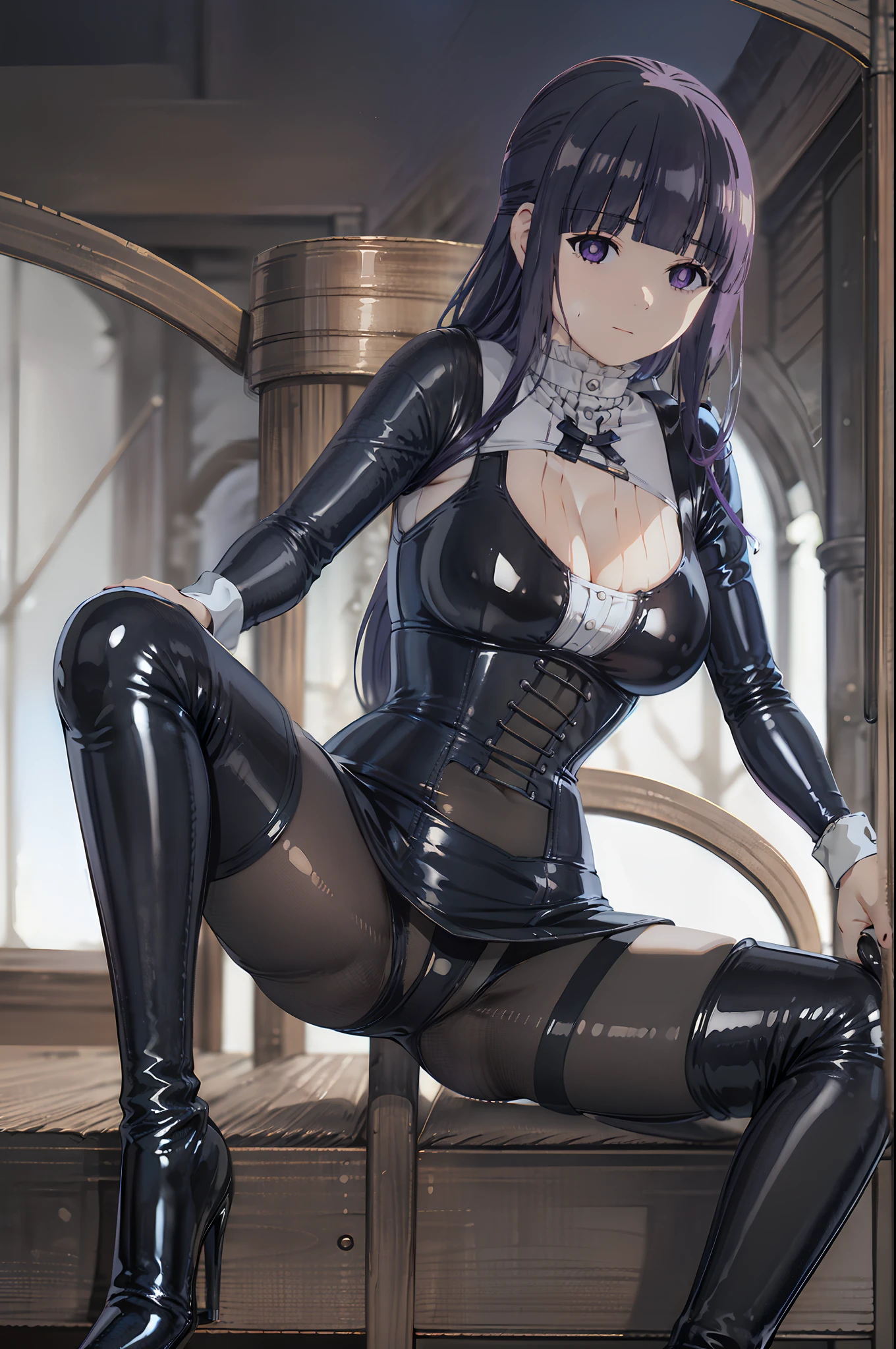 (highest quality, masterpiece),sexy, eroticな, 1 girl, 18-year-old, despise, i am proud, purple long hair, ((purple eyes)), looking at the viewer, medieval tabernacle, (close), ((dark room)), Sweat, Candles are lit, (((No expression))), ((cleavage)), Mr....々Inside a torture chamber with various tools、sexyなポーズ、spread your legs、
BDSM、Queen、mistress、(((black latex corset dress:1.4)))、(((Beautiful embroidery on the corset.)))、(((halter neck corset dress)))、(((black latex tight miniskirt:1.4)))、(((Black Thigh Boots)))、stiletto heels、(((black latex bra)))、(((black latex panties)))、(sexyなポーズ:1.4)、(Spread your legs apart:1.4)、(raise one leg)、(erotic)、naughty smile、laugh at、blush、