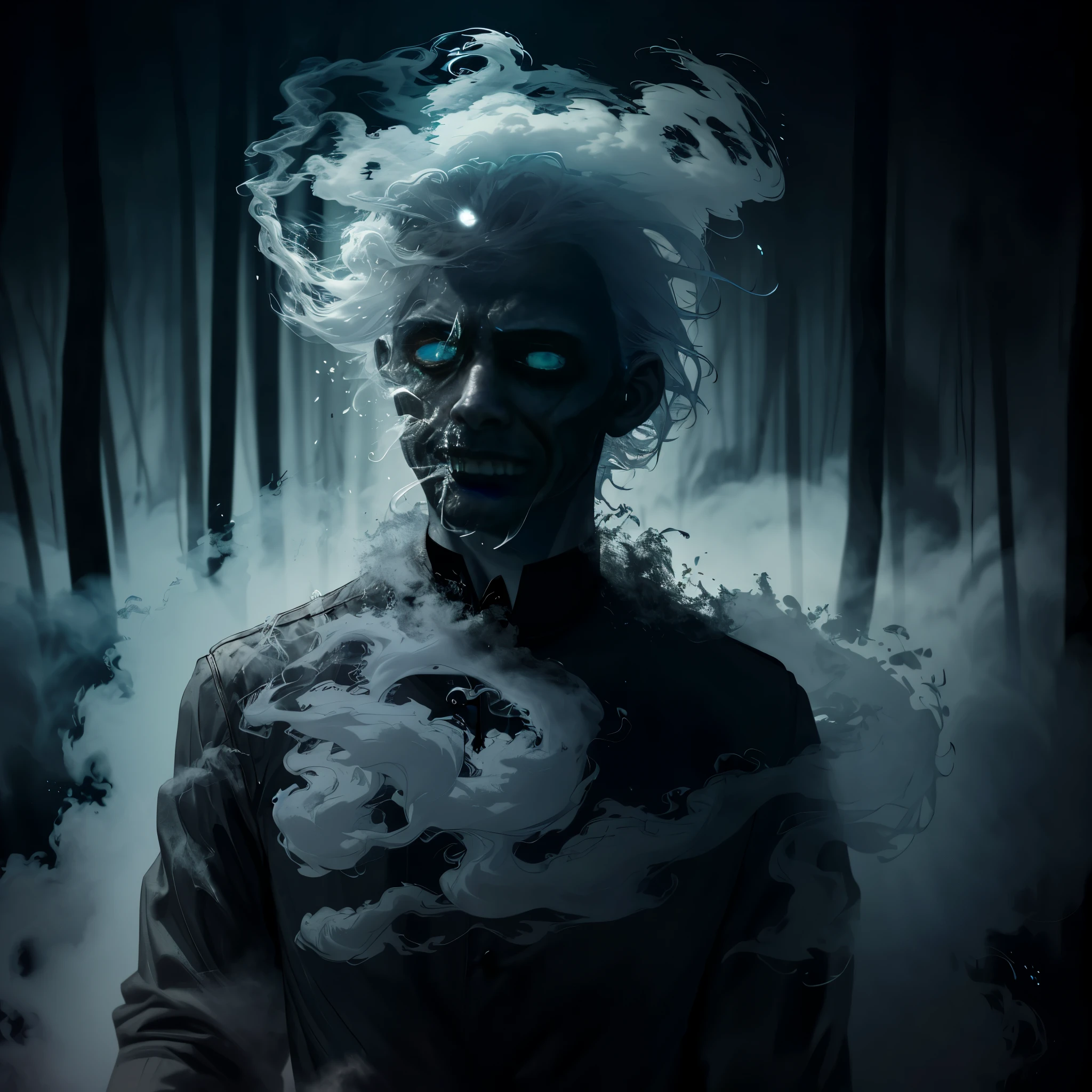 arafed image of a man with smoke coming out of his face, ghostly smoke, ghostly form, digital art 4k unsettling, surreal dark art, dark surreal art, melting volumetric smoke and fog, with dark ghost smokes around, swirling fluid smokey enigma, surreal portrait photography, surreal dark otherworldly mood, wispy magical smoke, volumetric smoke