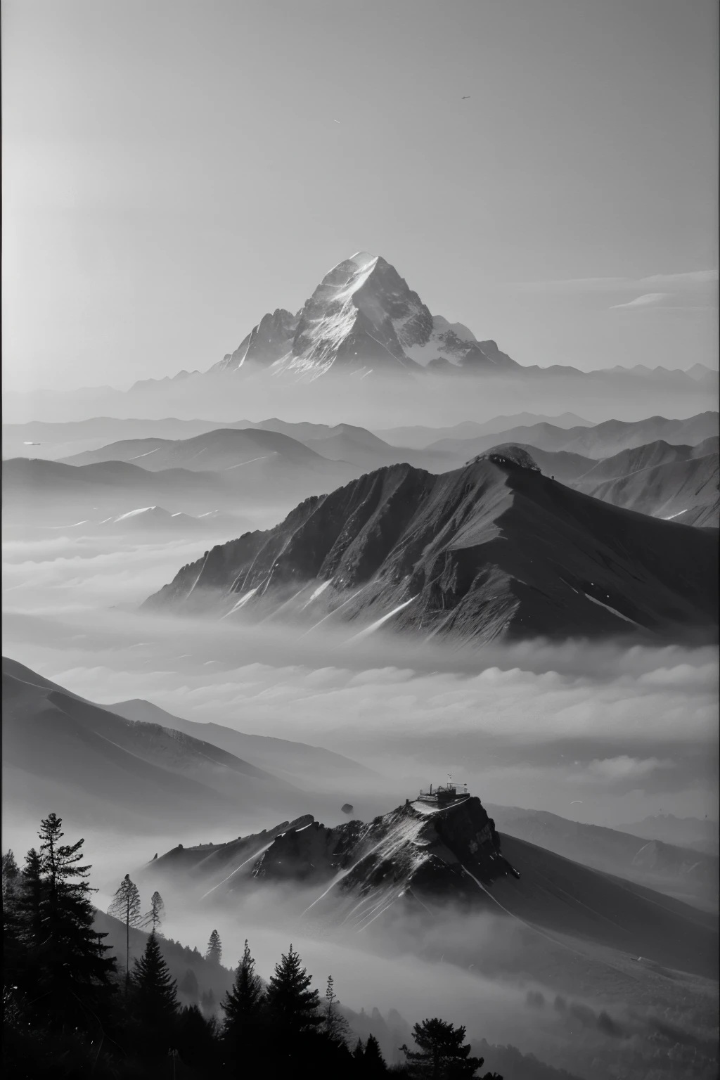 Beautiful Oriental painting, mountains and sky expressed in ink, dreamy scenery, black and white