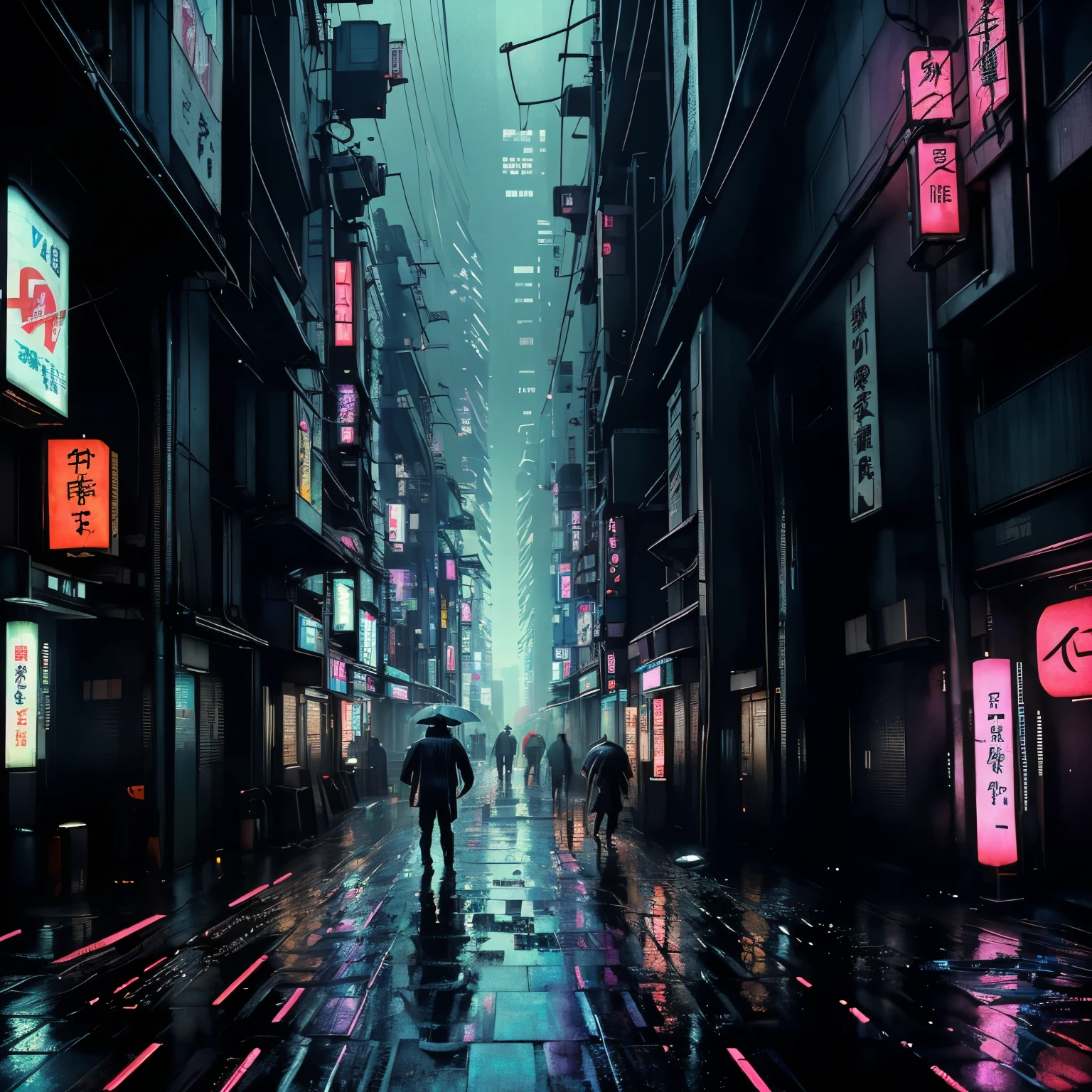 A man is walking on a wet road at night, Japanese cyberpunk cityscape, It rained heavily in Tokyo at night., Tokyo 1980., futuristic cyberpunk tokyo night, Quiet alley at night in Tokyo, Cyberpunk street at night, Dusty ruins of Shinjuku, old man in tokyo at night, In the night city of Japan, Cyberpunk setting with neon rain, rainy cyberpunk city, cyberpunk streets at night