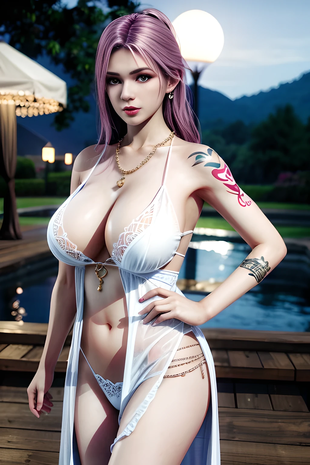 1 girl,standing posture,(Gauze nightgown), thong, body chain, outdoor,elegant,nighttime,moonlighe,shiny skin,( huge breasts), red lips,( tattoos:1.3), masterpiece, best quality, realistic ,Rich artistic colors, 8K,soft shadows,Portrait art,solo,  elise,