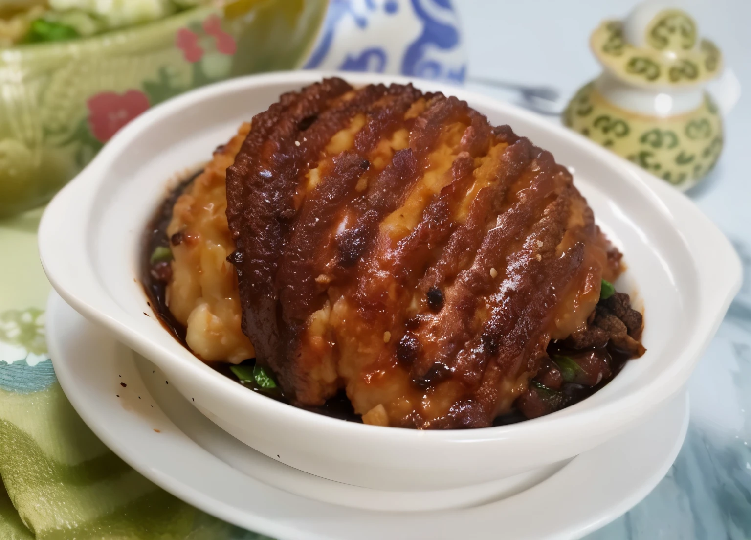 there is a bowl of food that is on a table,There are meat and vegetables, luscious sesame seeds, tasty, Pan Renwei style, Delicious sesame pie, decadent, recipe, malaysian, abalone, highly stylized, very gorgeous, delicious, Sichuan, glazed, simple, Chinese green onions on a plate