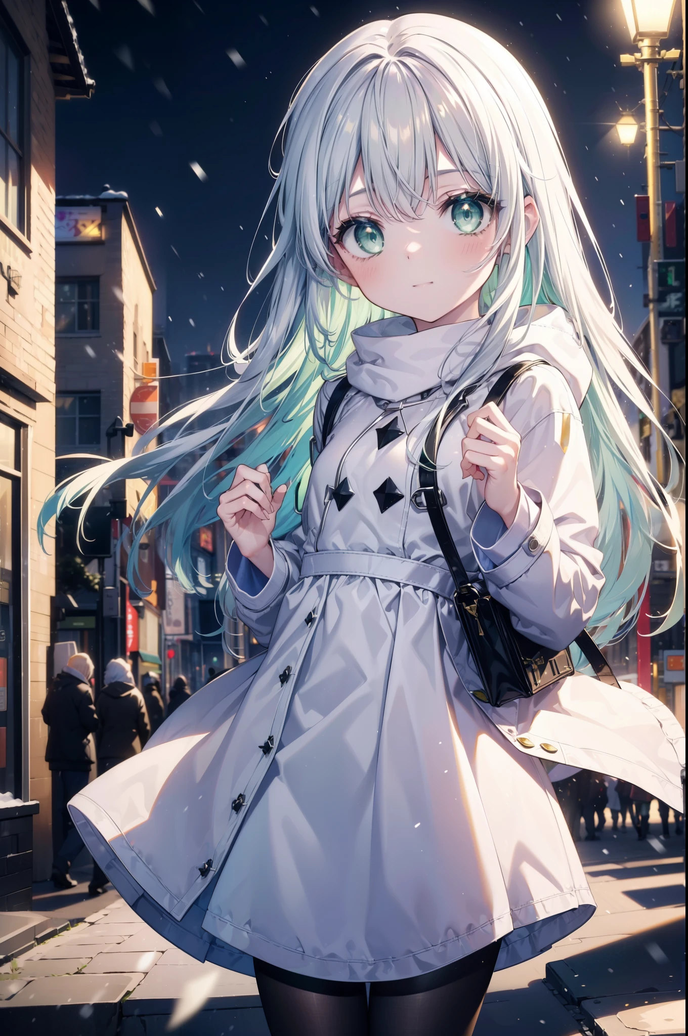 index, index, (green eyes:1.5), silver hair, long hair, (flat chest:1.2),Cat ear,cat tail,blush,smile,open your mouth,gray handbag,yellow long coat, white hoodie, black long skirt,black pantyhose,Mini Boots,winter,night,cold sky,snow is scattered,It&#39;s snowing,background　big christmas tree,
break looking at viewer, Upper body, whole body,
break outdoors, In town,building street,
break (masterpiece:1.2), highest quality, High resolution, unity 8k wallpaper, (figure:0.8), (detailed and beautiful eyes:1.6), highly detailed face, perfect lighting, Very detailed CG, (perfect hands, perfect anatomy),