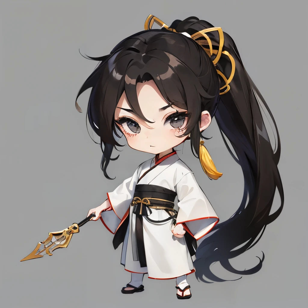 chef-d'artwork, Great room, (1 boy: 1.8), (chibi: 1.8), debout, next to, (Vêtements chinois anciens: 1.2), Longs cheveux noirs, queue de cheval, yeux noirs, fond blanc, fond simple