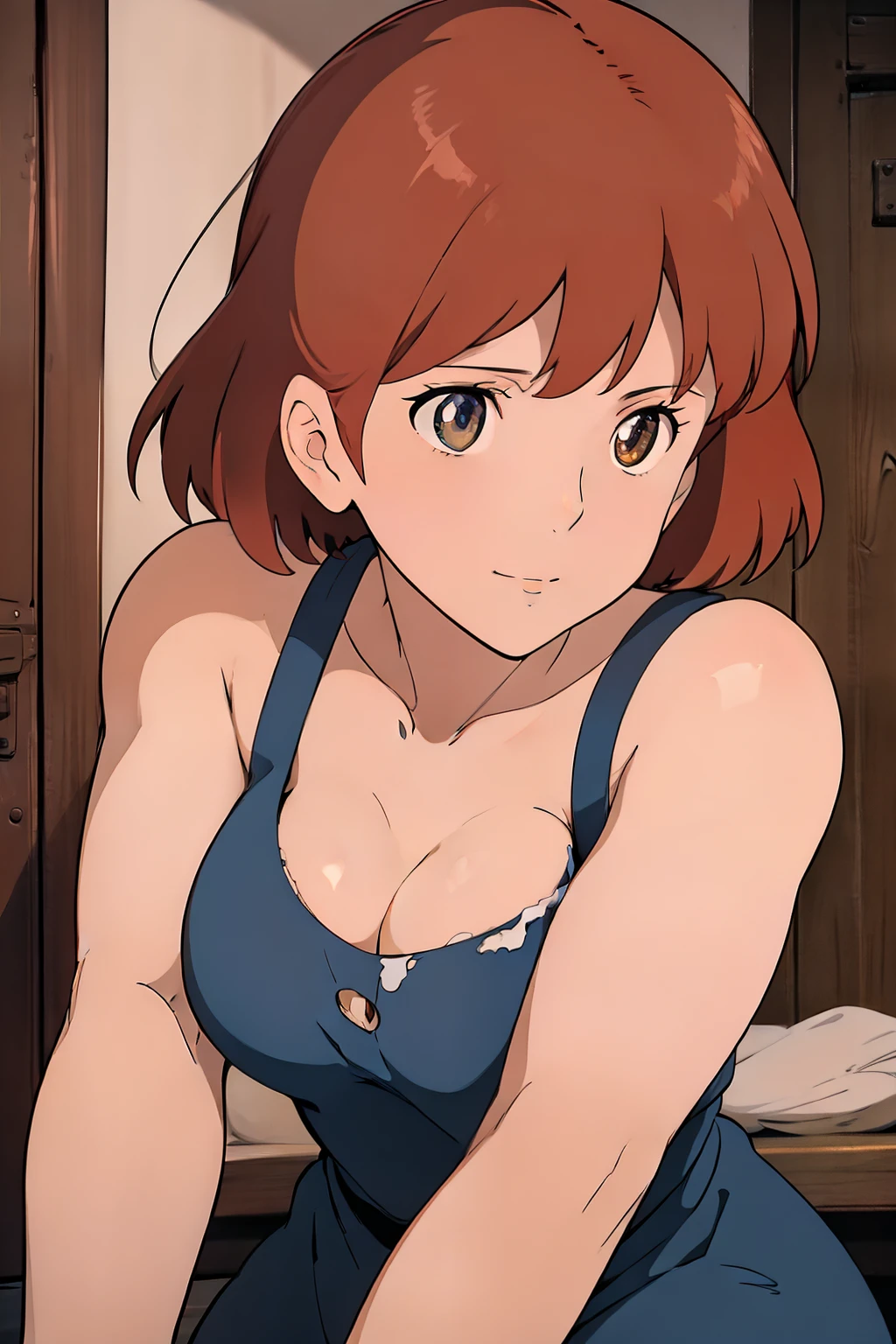 nsfw,(masterpiece, highest quality, High resolution, anime screenshot, anime color, 8K, realistic), Nausicaa, woman, mature woman, wife, alone, brown hair, (looking at the viewer), huge breasts, cleavage, (White torn tank top), Upper body, forest, (perfect detailed anatomy, beautiful and detailed face&eye:1.5, shiny skin, perfect body)、erect nipples、I want to see up to my kneecaps