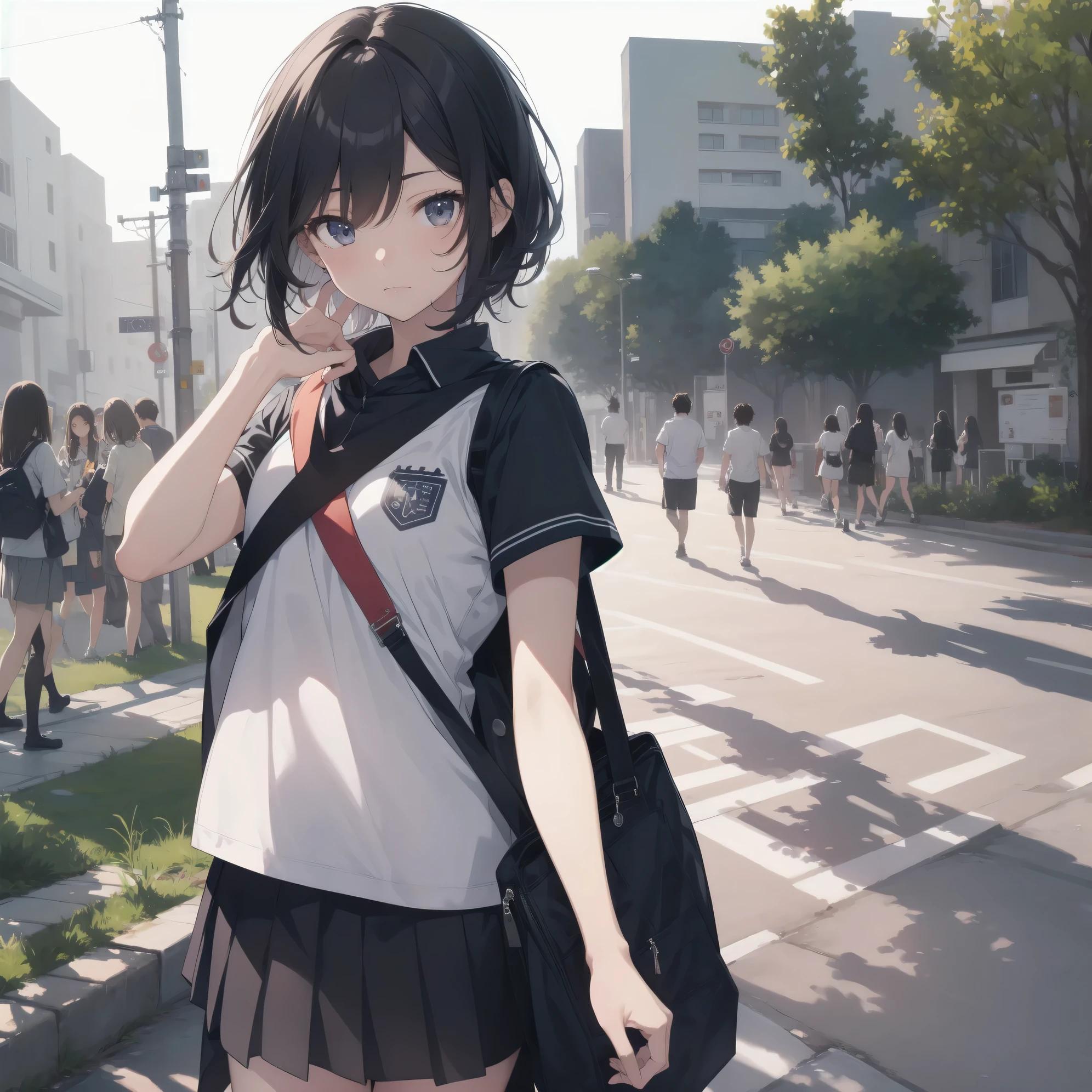 ultra-absurdres-Top quality by art God, ultra-detailed, high resolution, anime moe artstyle, best anime 8k konachan wallpaper, pixiv contest winner, perfect anatomy,break, 1girl, (Please draw a girl walking sleepily to school alone. )break,(Solo,little female, 13-year-old:1.3),Full limbs, complete fingers,a junior high school student, Attractiveness of immature bodies, (very short hair), short cut, flat chest, , small butt, groin, small black eyes, beautiful detailed eyes, well-proportioned iris and pupils, expressive eyes, highres detailed hair, soft expression, school_uniform, pleated skirt,(Detailed Lighting), (Detailed background), in the School commute route. break,super detailed skin, Best cinematic lighting powered by famous artist, 8k,beauty illustration,photoshop_(medium),very aesthetic,break,((artist:core)), artist:fukahire_(ruinon),artist:sekiya asami,artist:kantoku,