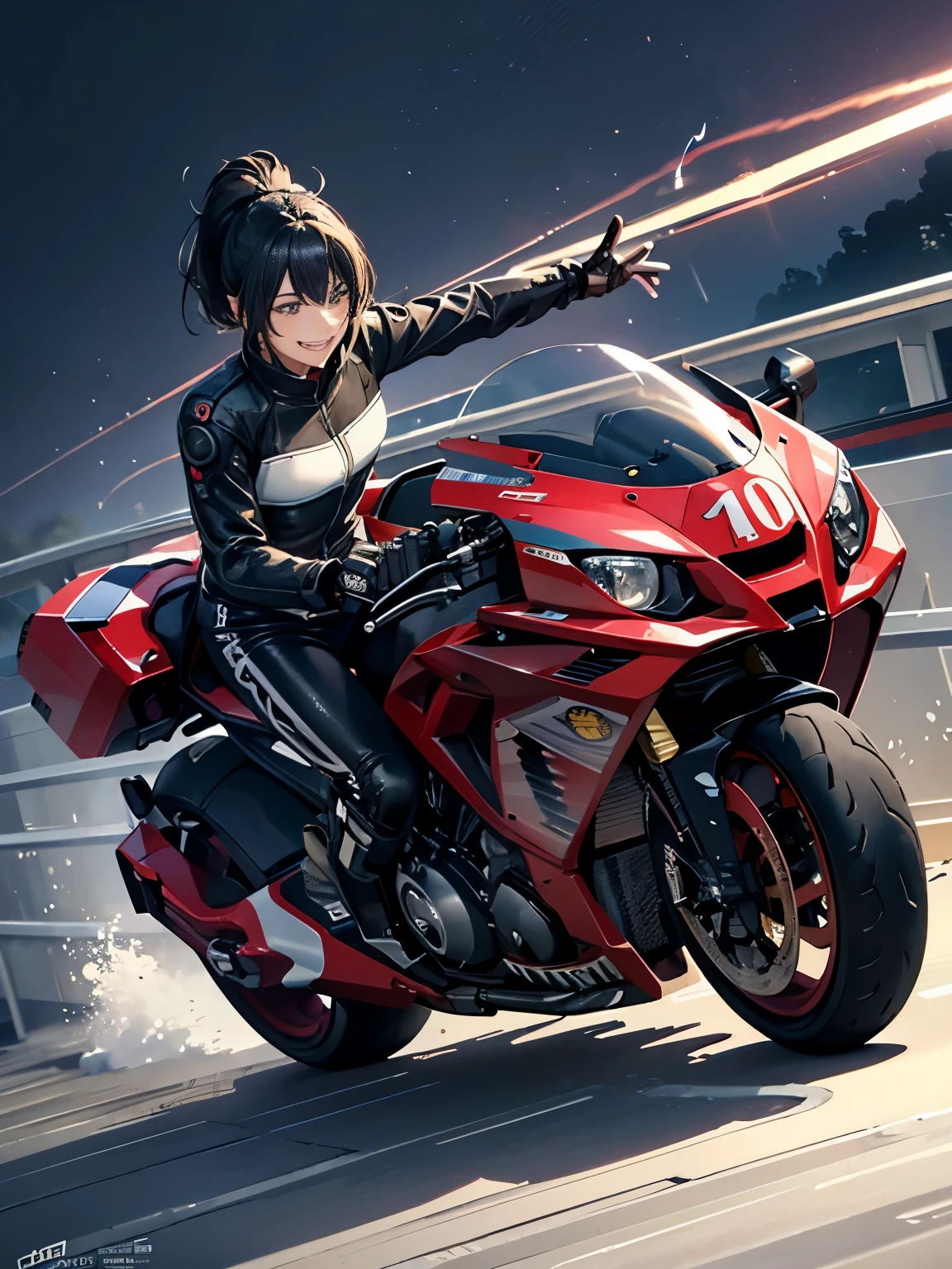 (anime,8K,masterpiece, highest quality, highest quality,beautiful and aesthetic:1.2,professional illustration:1.1,Super detailed:1.3,perfect lighting),very detailed,most detailed,incredibly absurd , High resolution, Super detaileded,Complex:1.6,BREbeK (Mountain々), be (speeding violation), (((motorcycle:1.3))), high speed,(Slow motion:1.3),(motion blur:1.3),(speed line:1.4),((sense of speed:1.6)),(wait) ,BREbeK (1 girl),(very detailed美しい顔と目,firm chest),oily skin,((black hair,short bob with short ponytail)),thin pubic hair,cute,Lovely,light smile,body suit,whole body, character focus, Front view, grin and laugh, smile,leaning forward posture