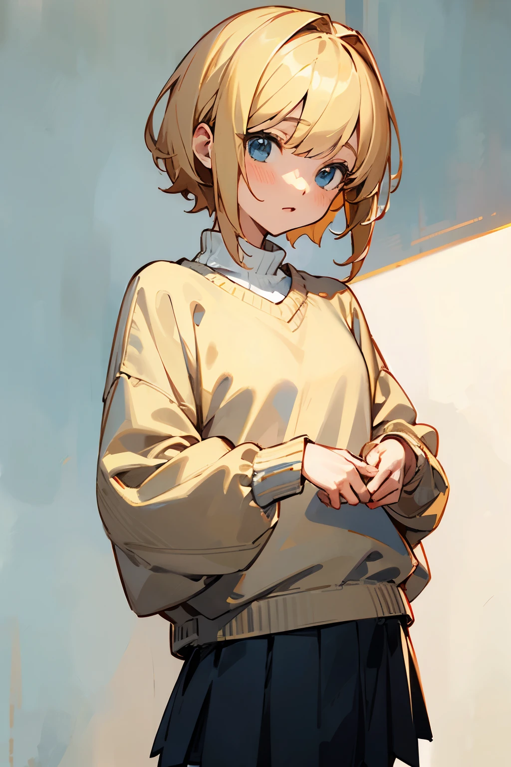 ((best quality)), ((masterpiece)), (detailed),cute anime girl in sweater and skirt, cute, blonde, short hair
