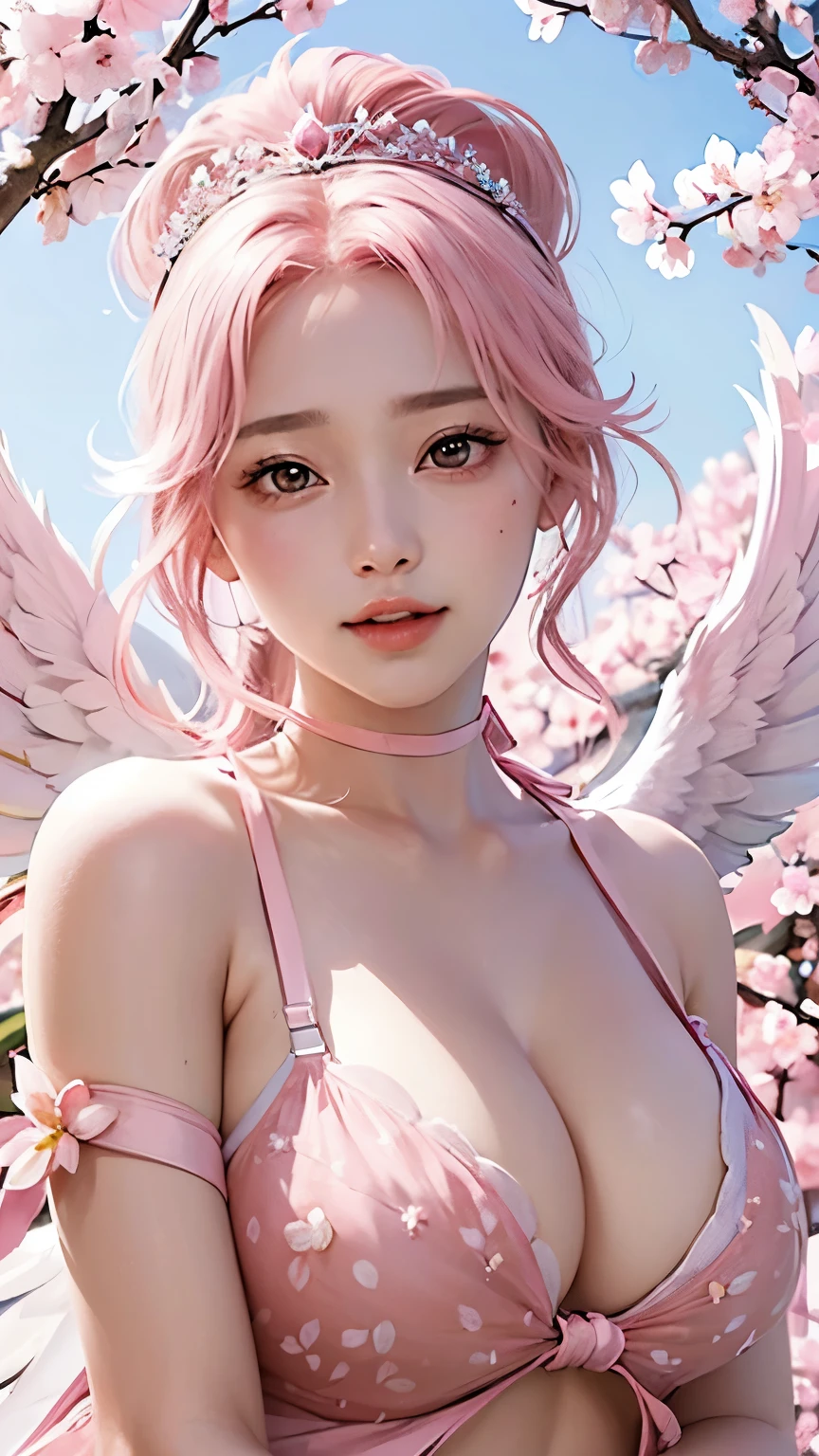 masterpiece、High resolution、highest quality、4k、(((whole body)))、1 beautiful girl、real anime、goddess warrior、((Armor like cherry blossoms、bikini armor))、cherry blossom accessories、Big eyes、cute eyes、pink hair、ponytail、open mouth smile、cheek、raising one hand、A small bird is perched on one hand.、(((super big breasts、cleavage、pink goddess pink wings、cherry blossom tiara)))、Background of many cherry blossoms blooming、Many cherry blossom petals are flying、