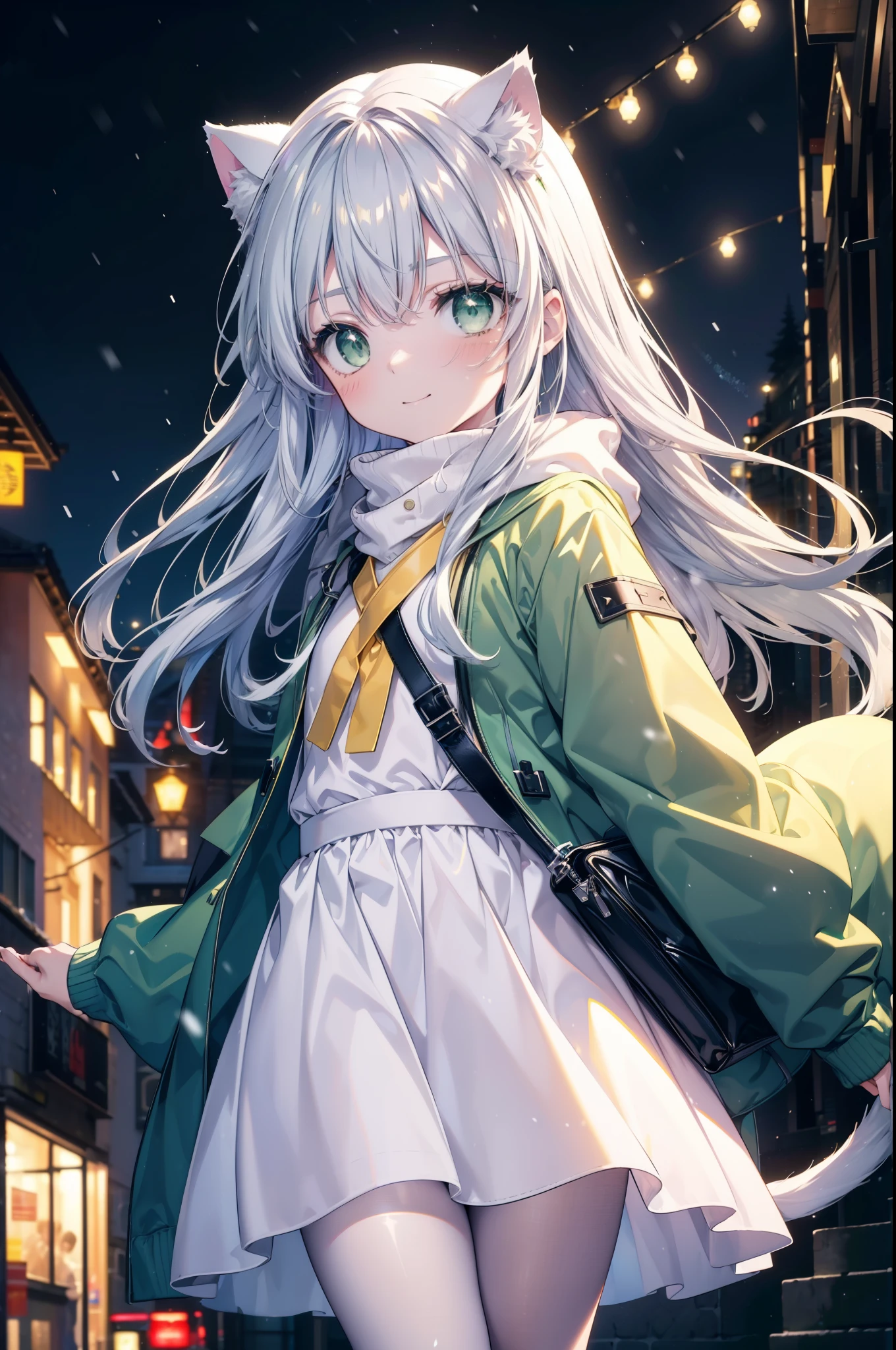 index, index, (green eyes:1.5), silver hair, long hair, (flat chest:1.2),Cat ear,cat tail,blush,smile,open your mouth,gray handbag,yellow long coat, white hoodie, black long skirt,black pantyhose,Mini Boots,winter,night,cold sky,snow is scattered,It&#39;s snowing,background　big christmas tree,
break looking at viewer, Upper body, whole body,
break outdoors, In town,building street,
break (masterpiece:1.2), highest quality, High resolution, unity 8k wallpaper, (figure:0.8), (detailed and beautiful eyes:1.6), highly detailed face, perfect lighting, Very detailed CG, (perfect hands, perfect anatomy),