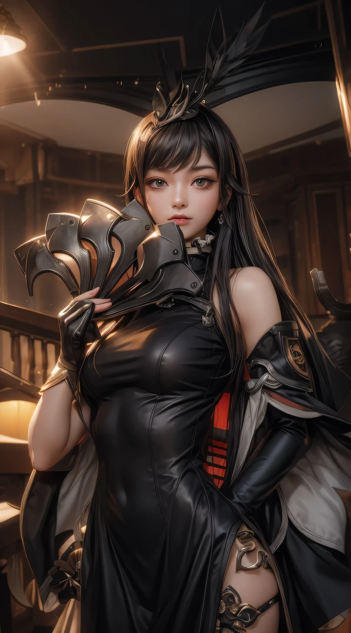(maximum resolution: 1.2), (Ultra HDTV: 1.2), 8K resolution, Eye and skin detail, detailed facial features, , ( Sharp focus: 1.2), (Focus focus) exact) facial expression: 1.2), Girl standing, In cafe, Maid outfit, (long hair), Black hair , Coffee cup in hand