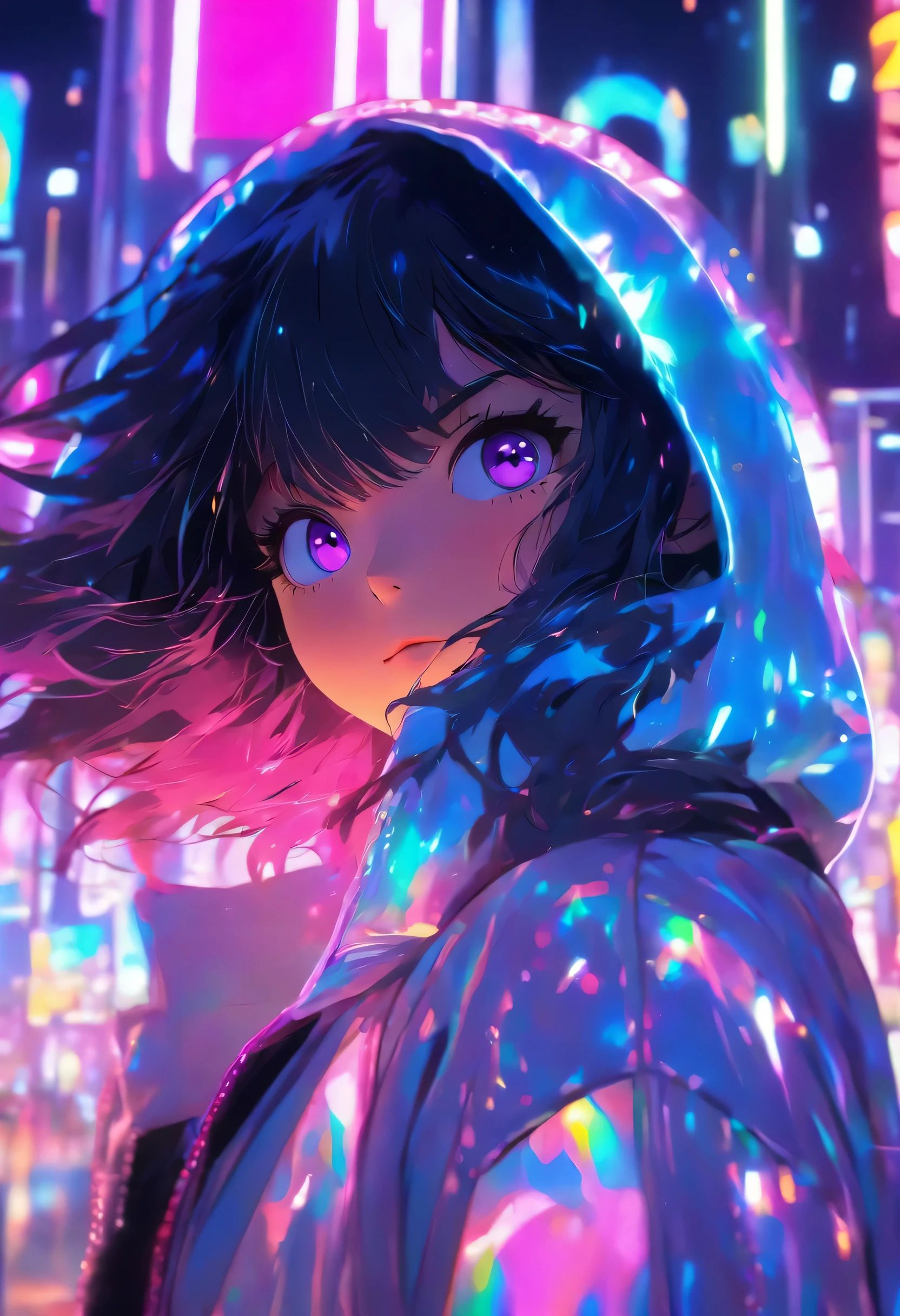 Jeune fille adulte aux cheveux noirs en couches, frange droite sur le devant, oeil droit violet et oeil gauche rose, White holographic hooded jacket, Night background with neon lights in a park'attractions, Different Expressions, Background bubbles reflected by light