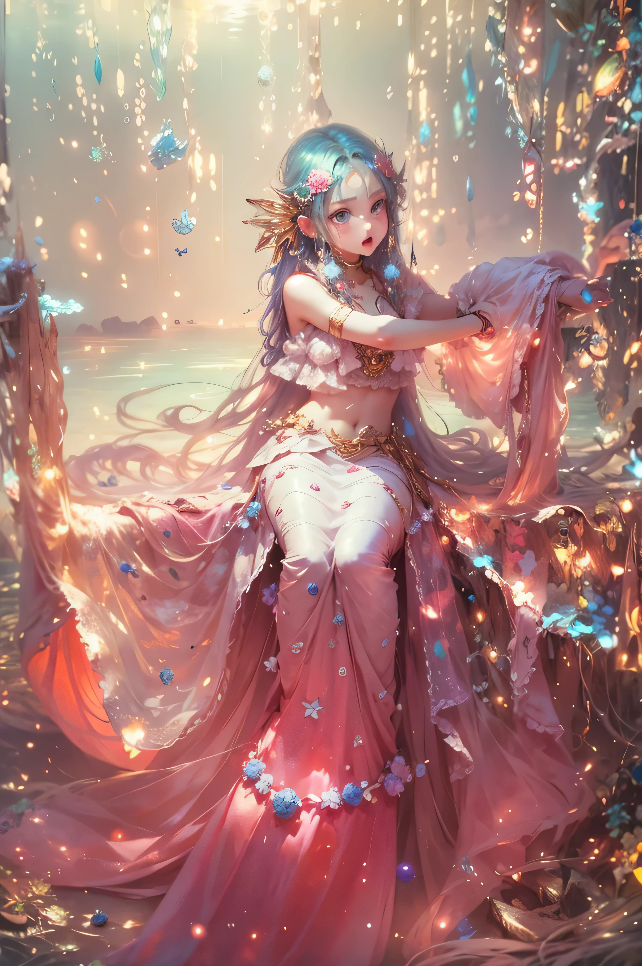 ocean floor,(depth of fields),A mermaid,long whitr hair,Ethereal beauty,peacful,tropical fishes,jelly fish,the reef。Vibrant colors,dreamlike lighting.Best quality,A high resolution,Masterpiece:1.2.