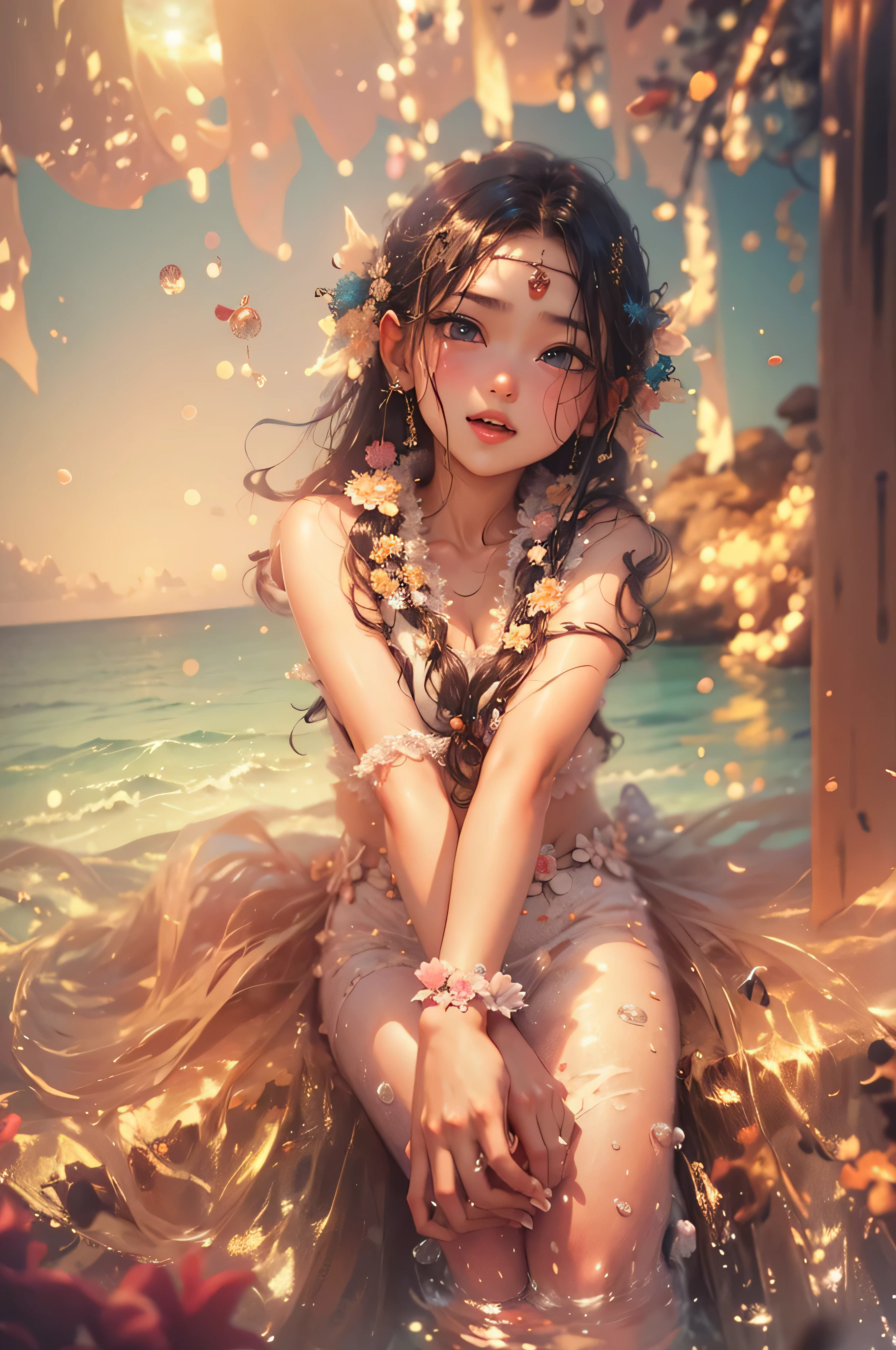 ocean floor,(depth of fields),A mermaid,long whitr hair,Ethereal beauty,peacful,tropical fishes,jelly fish,the reef。Vibrant colors,dreamlike lighting.Best quality,A high resolution,Masterpiece:1.2.