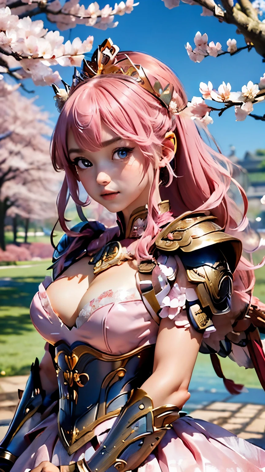 masterpiece、High resolution、highest quality、4k、(((whole body)))、1 beautiful girl、real anime、warrior goddess、((桜の花のようなarmor、ビキニarmor、ドレスarmor、armor))、cherry blossom accessories、Big eyes、cute eyes、pink hair、ponytail、open mouth smile、cheek、raising one hand、A small bird is perched on one hand.、(((super big breasts、cleavage、pink goddess pink wings、cherry blossom tiara)))、Background of many cherry blossoms blooming、Many cherry blossom petals are flying、