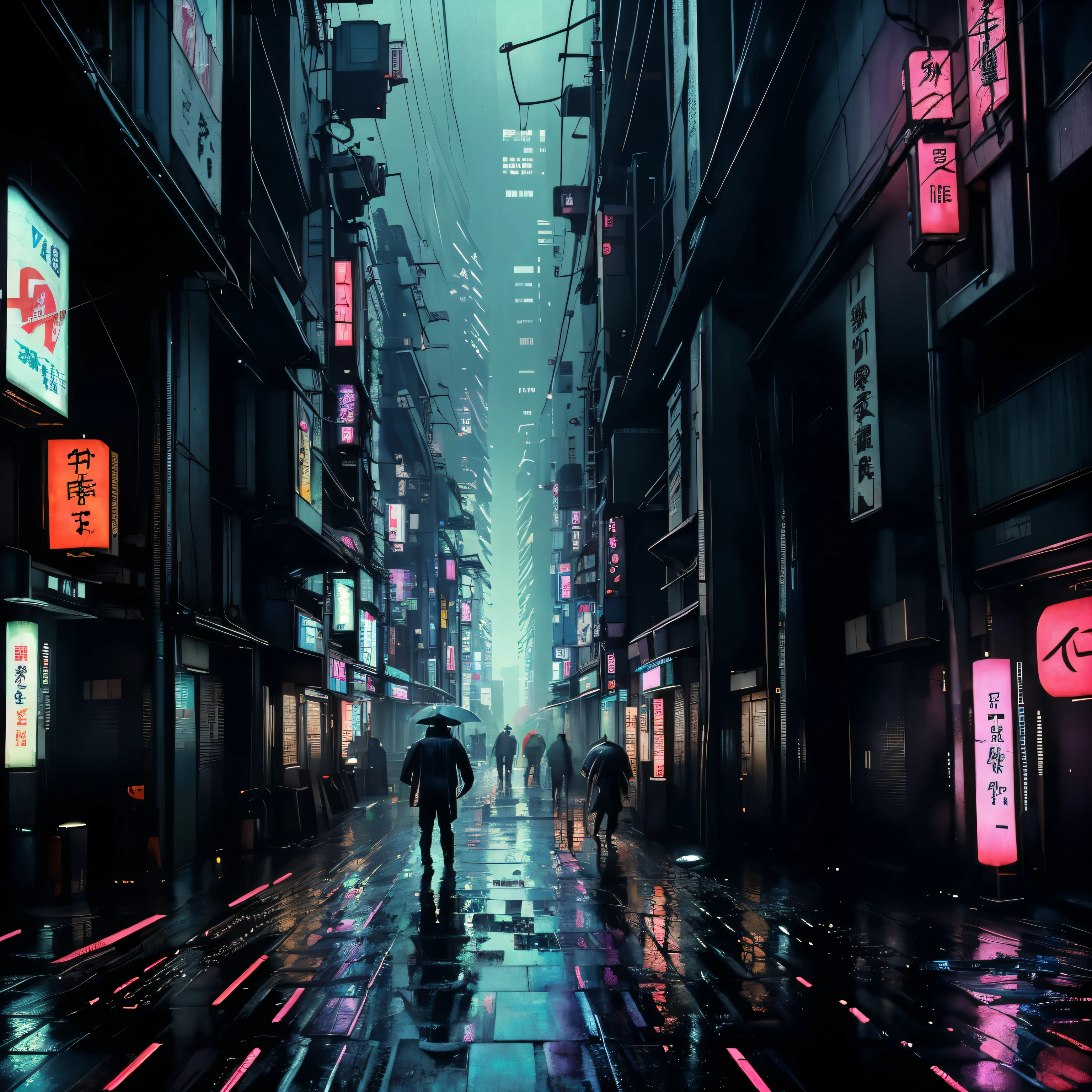 A man is walking on a wet road at night, Japanese cyberpunk cityscape, It rained heavily in Tokyo at night., Tokyo 1980., futuristic cyberpunk tokyo night, Quiet alley at night in Tokyo, Cyberpunk street at night, Dusty ruins of Shinjuku, old man in tokyo at night, In the night city of Japan, Cyberpunk setting with neon rain, rainy cyberpunk city, cyberpunk streets at night