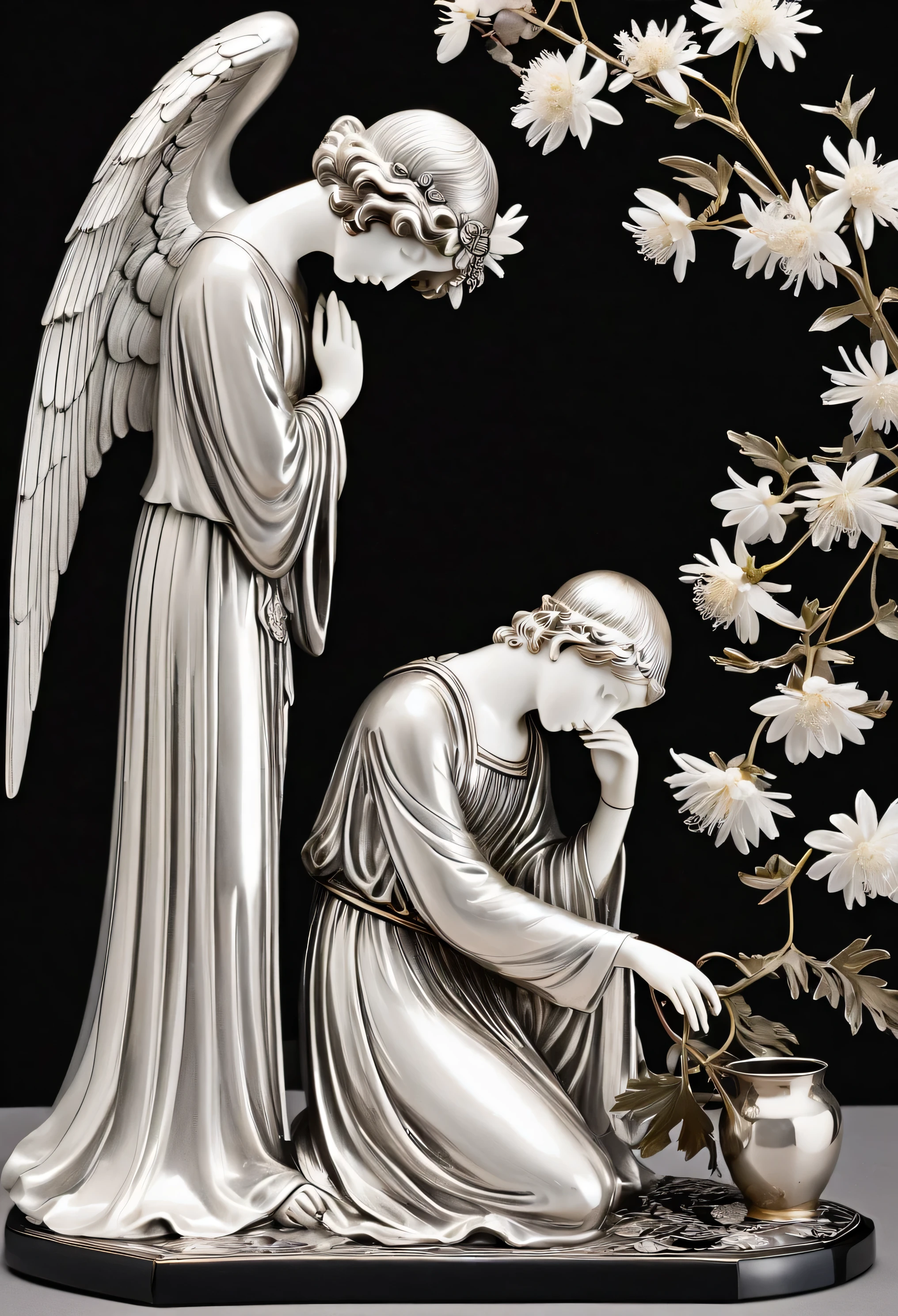 Aubrey Beardsley, figurine of a silver angel sadly bowing his head, there are peonies around him, Asters, apple tree flowers, cherry blossoms, chicory flowers, silver cup with wine. Black background.