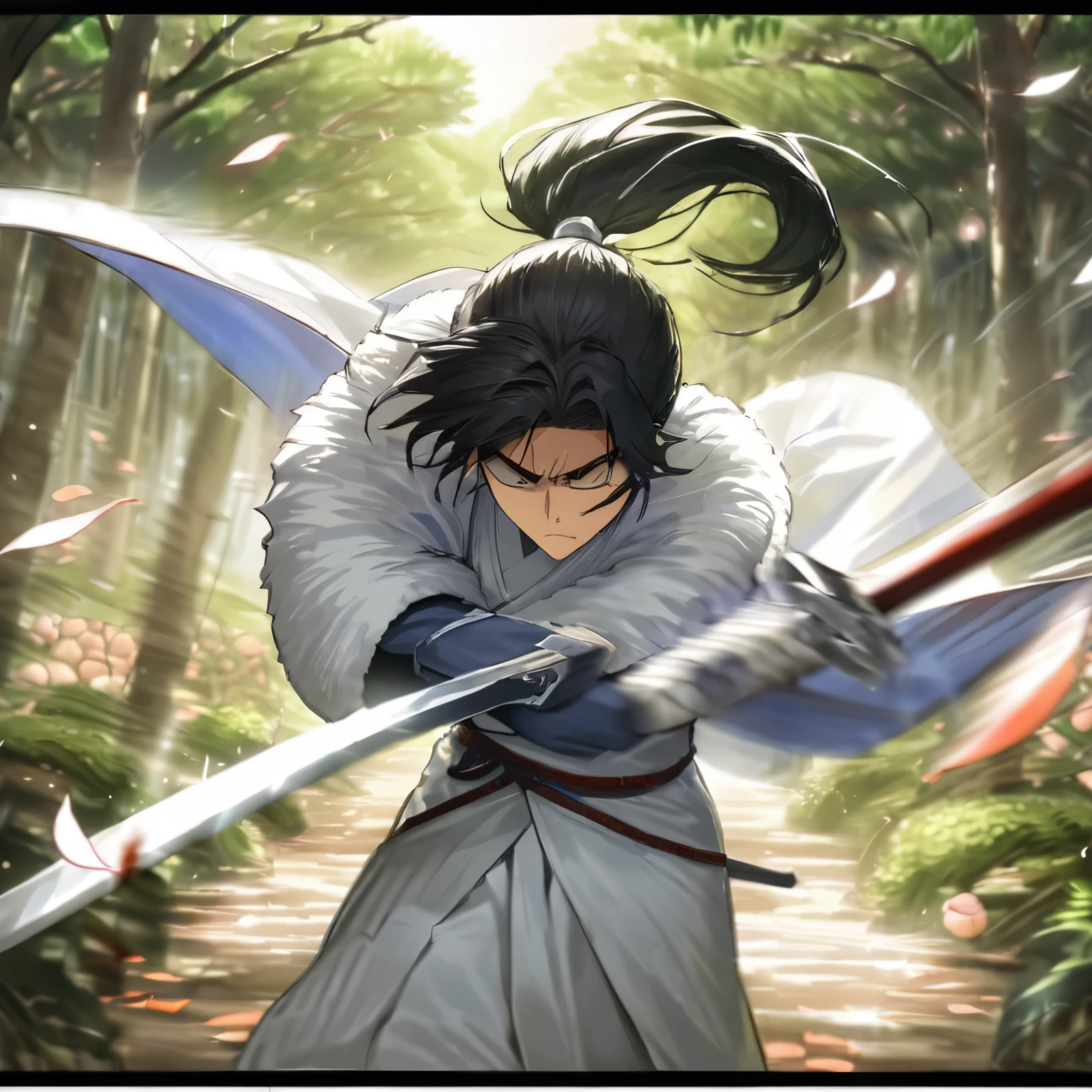 (windy),(blood),(motion blur),(dress in white),Petals fluttering in the wind, shining swords, helpless expression, anger, fighting with death, very detailed expression, very detailed petals,ponytail, 2swordsman fighting,fight,gongfu,stand in trees, 2swordsman stood in a peach tree forest with petals dancing,petals , detailed ,completing the stable diffusion of serenity and contentment,masterpiece, best quality,masterpiece, best quality, swordman,holding a sword(trees:0.5),(eagle:0.5), (bamboo:0.2) fighting stance, 1man, glowing, solo, weapon, sword, tree, holding, gloves, outdoors, sheath, border, holding weapon, black hair, holding sword, fur trim, looking away,look at view