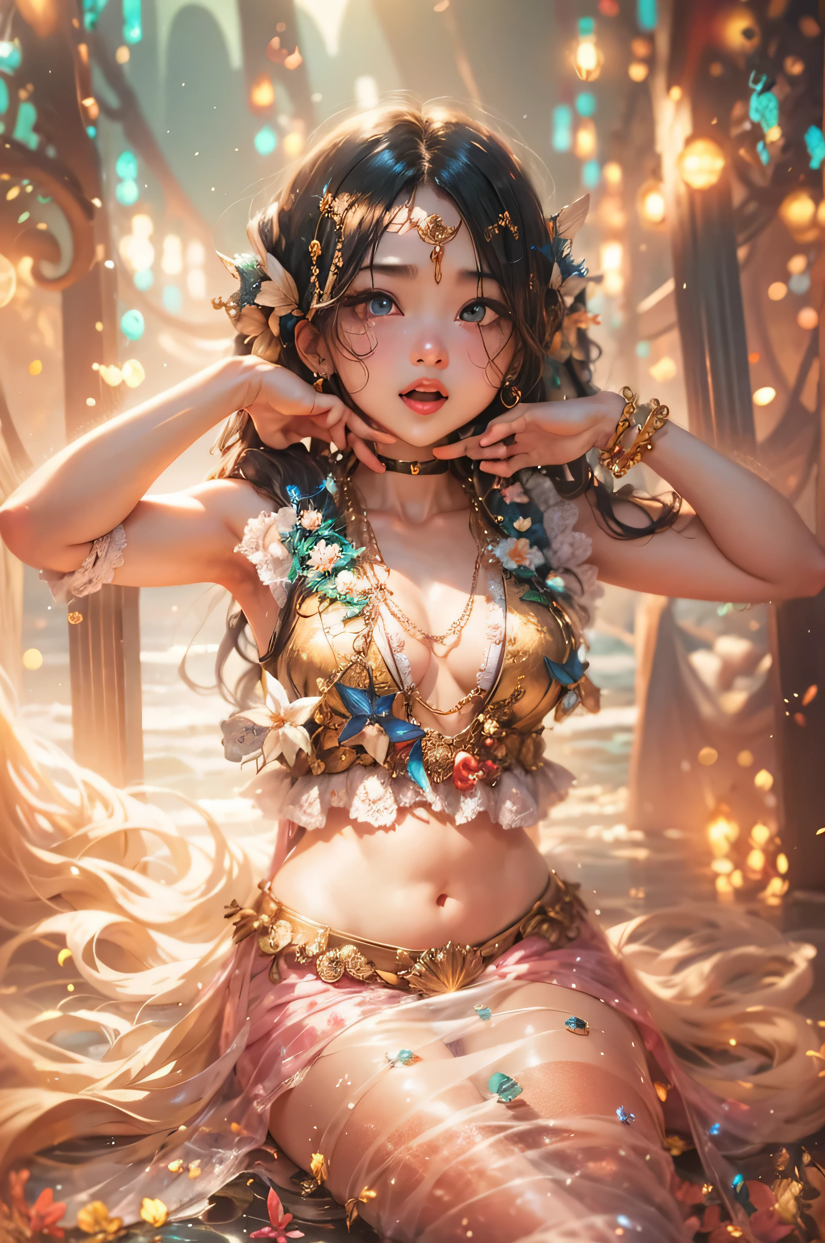 mic tribal,(((mic ,mic tiny body,,chibi,mic))),(((6 years old))),(((1 child:1.4))),(baby face),(Round face),(mic chest),(big forehead:1.2),(beautiful big eyeballs:1.3),extremely detaild cute anime face,
(((Flat Breast))),((((long twin braids,tight braids,long braid,braided hair,long hime cut,dark hair,Bblack hair,colored inner hair)))),(((purple_eyeballs:1.3))),intrikate eyeballs,beautiful detailed eyeballs,symmetrical eyeballs,(big eyeballs:1.5),((((shining skin:1.5,skin tanned,shining skin: 1.5,skin tanned,shining skin,very shining skin,shinny body,Reflective skin)))),(((face detailed))),beautiful detailed lips,
(cute,kawaii,(NSFW)),🦄,🌈,
long loincloth,(へそ),Shaman tribal clothing,tribal tanga,(tribal clothing,ancient egypt style),へそ,bare feet,bare arms,へそ exposto,necklase,(tribal clothing),((Red clothing,wetclothes,intrikate outfit)),
dynamic pose,looking ahead at viewer,embarrased,centred,scale to fit dimensions,rule of thirds,
((At the bottom of an abandoned mine, a secret chamber glows with the magical light of precious stones, creating an aura of mystery around the girl)),Scenario,extremely Scenario,
(Bright Egyptian ornaments),high resolution,sharp focus,(ultra detaild,extremely detaild),(photorealistic art:1.37),(extremely detaild CG unity 8k wallpaper),(((swirly vibrant colors,vibrant theme))),(intrikate),(work of art),(best qualityer),Artistic photography,(Photograph taken by SLDR),(intrikate background),perfect rendered face,perfect face details,lifelike face,photo realist,analog style,((intrikate detail)),(((真实感))),