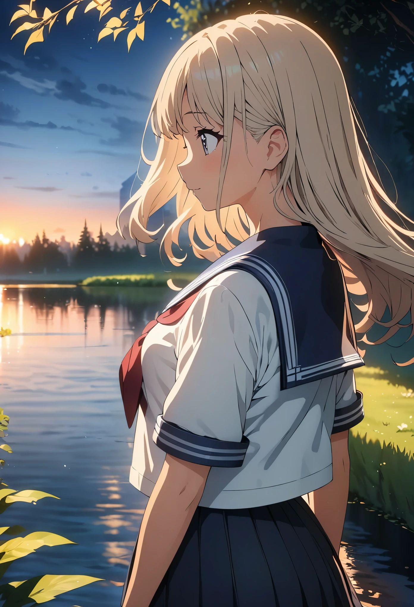 (highest quality, 4k, 8k, High resolution, masterpiece:1.2), Super detailed, (anime, animeスタイル:1.37), Beautiful woman, 1 girl, evening, A woman standing by the pond, JK, sailor suit, profile, hair swaying in the wind, 