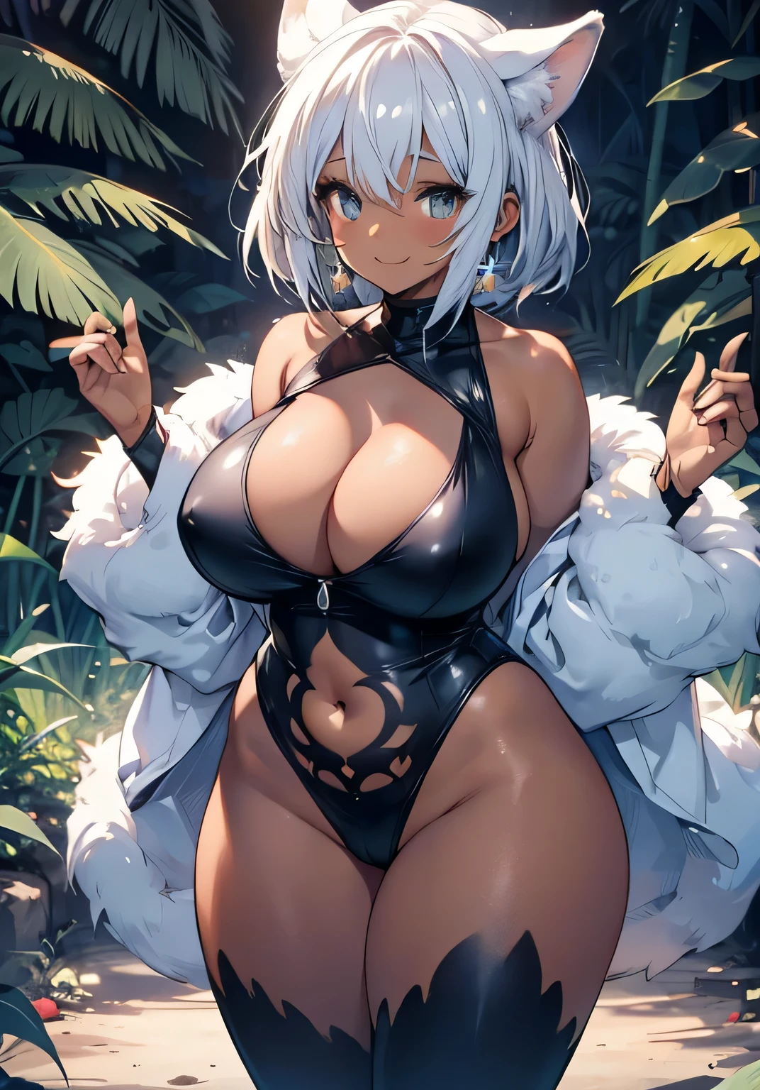 anime illustration、Highest image quality、Jungle Village、Plump dark-skinned indigenous woman from the south、Swearing at a man、Kemono Friends、perfect proportions、beautiful eyes、The savage appearance of the natives、Overwhelmingly big breasts beyond the norm、thick legs、cowboy shot、Cheerful smile、Estrus、Body paint on the whole body、big areola