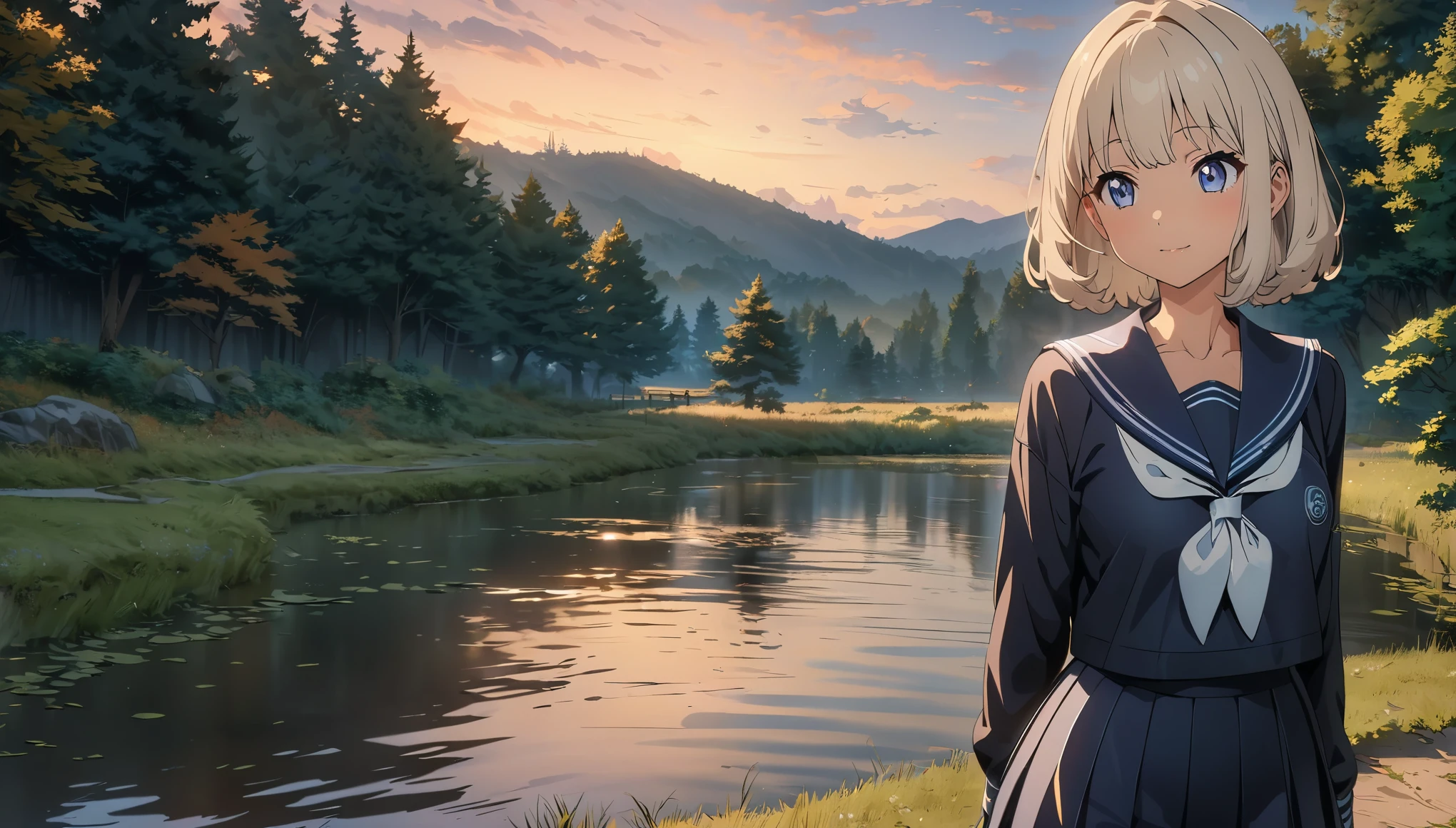 (highest quality, 4k, 8k, High resolution, masterpiece:1.2), Super detailed, (anime, animeスタイル:1.37), Beautiful woman, 1 girl, evening, A woman standing by the pond, JK, sailor suit, 