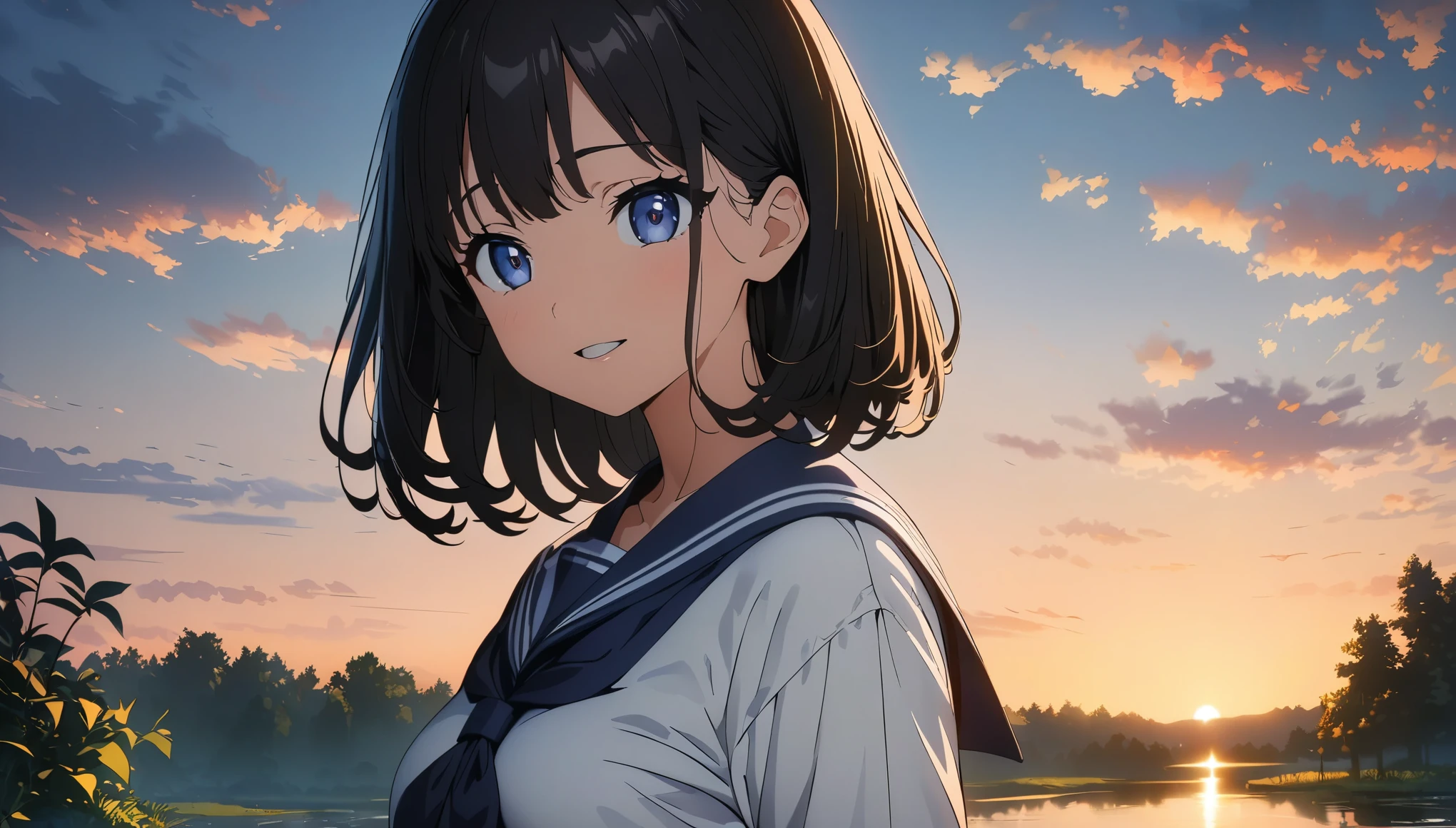 (highest quality, 4k, 8k, High resolution, masterpiece:1.2), Super detailed, (anime, animeスタイル:1.37), Beautiful woman, 1 girl, evening, A woman standing by the pond, JK, sailor suit,