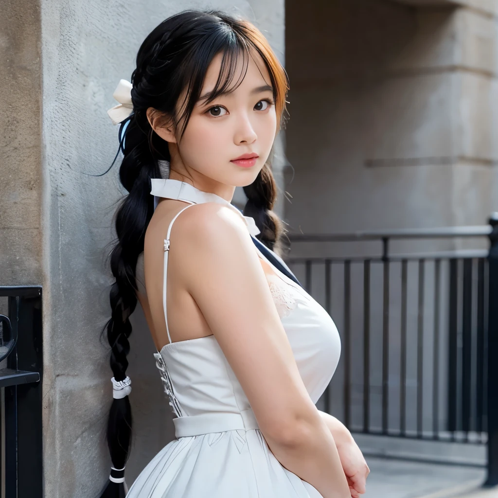 Lin Mingmei, 1 girl, alone, monochrome, Braid, looking at the viewer, dress, long hair, traditional media, sign, bangs, compensate, Put your own hands together, black hair, Upper body, lipstick, drill hair, artist name, twin Braids, bridal gauntlet, No sleeve