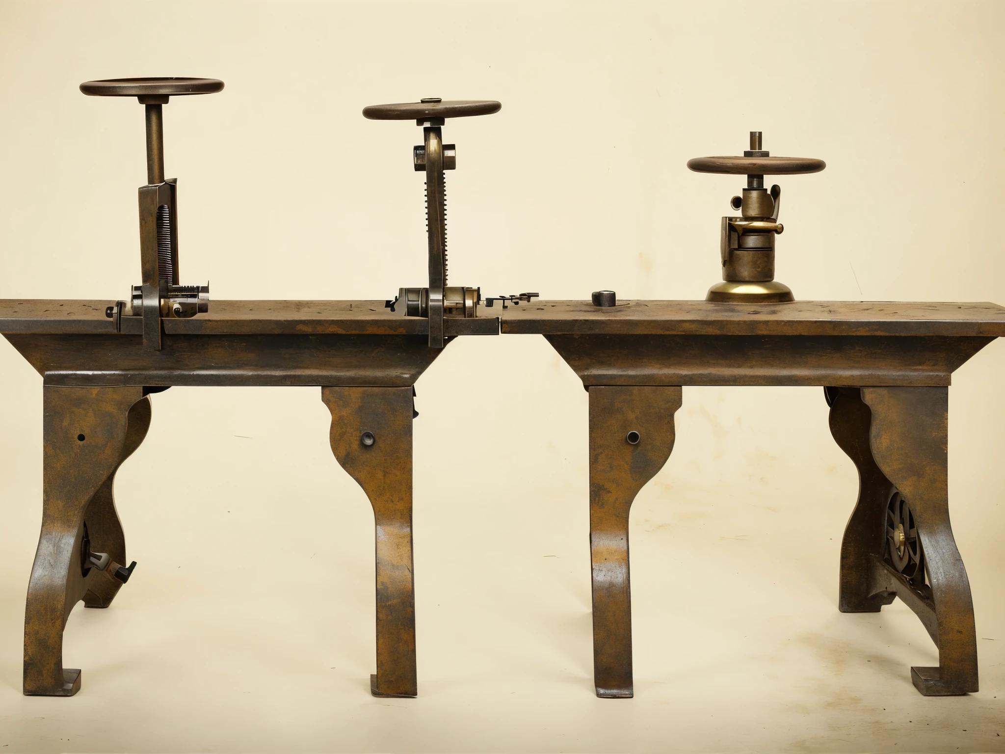 Classical Photography Craftsmanship,Ink gum process,There are two old metal tools on the table, Mechanical detail, brass and wood mechanisms, scrap metal on work长椅es, Detailed photos, Mechanical details, lever, Detailed studio photos, Mechanical 手, Double-barreled gun, ( Mechanical ), detailed Mechanical 手, mechanism, control panel, technical details, valve,32k Ultra HD,lifelike,Super detailed