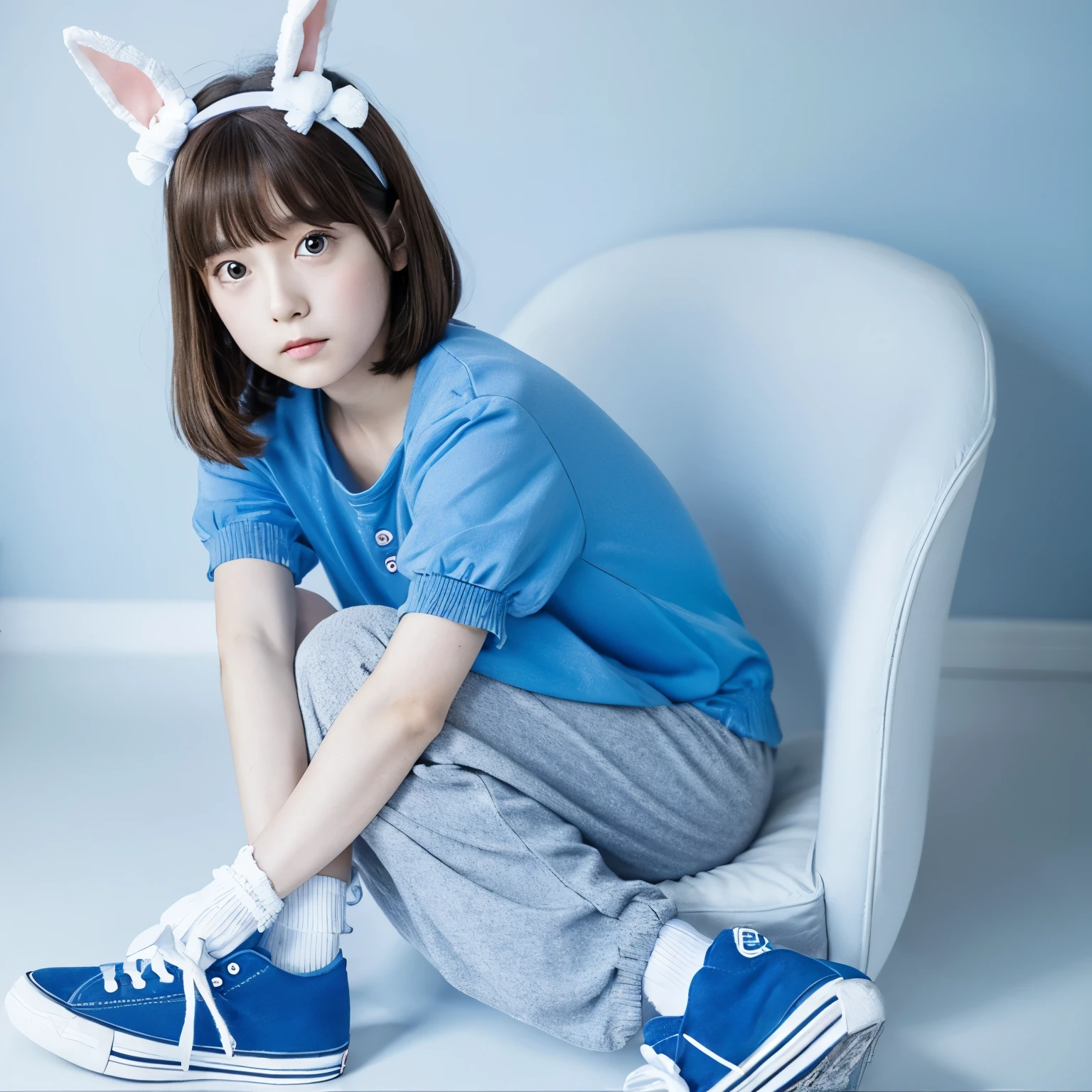 A confused girl named Renata had brown hair, a blue bunny headband and white socks and blue sleeves, blue sneakers and discolored pants, brown eyes without bangs.