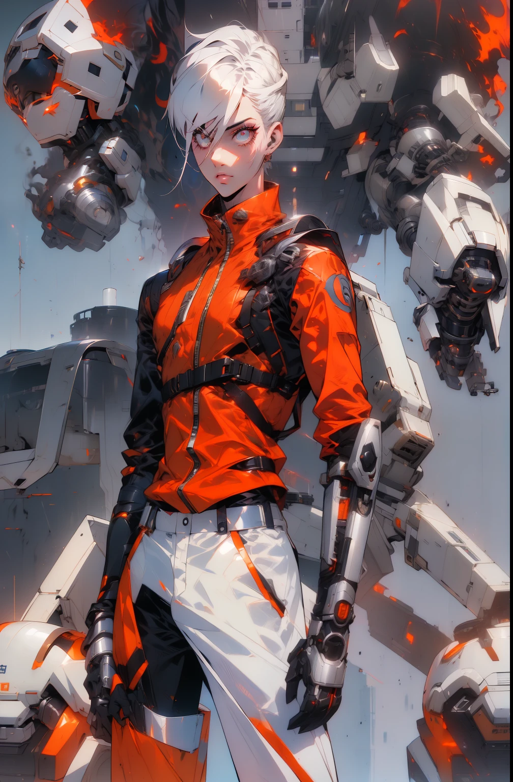 personagem de anime com terno futurista e armadura laranja e branca, mecha de garota anime cyberpunk, arte épica de science fiction character, epic science fiction character art, retrato de degrau, science fiction epic character art, retrato garota astronauta blindada, arte digital de anime cyberpunk, garota soldado mecanizada, science fiction character, retrato meu, mecha feminina, stylish cyberpunk mechanoid