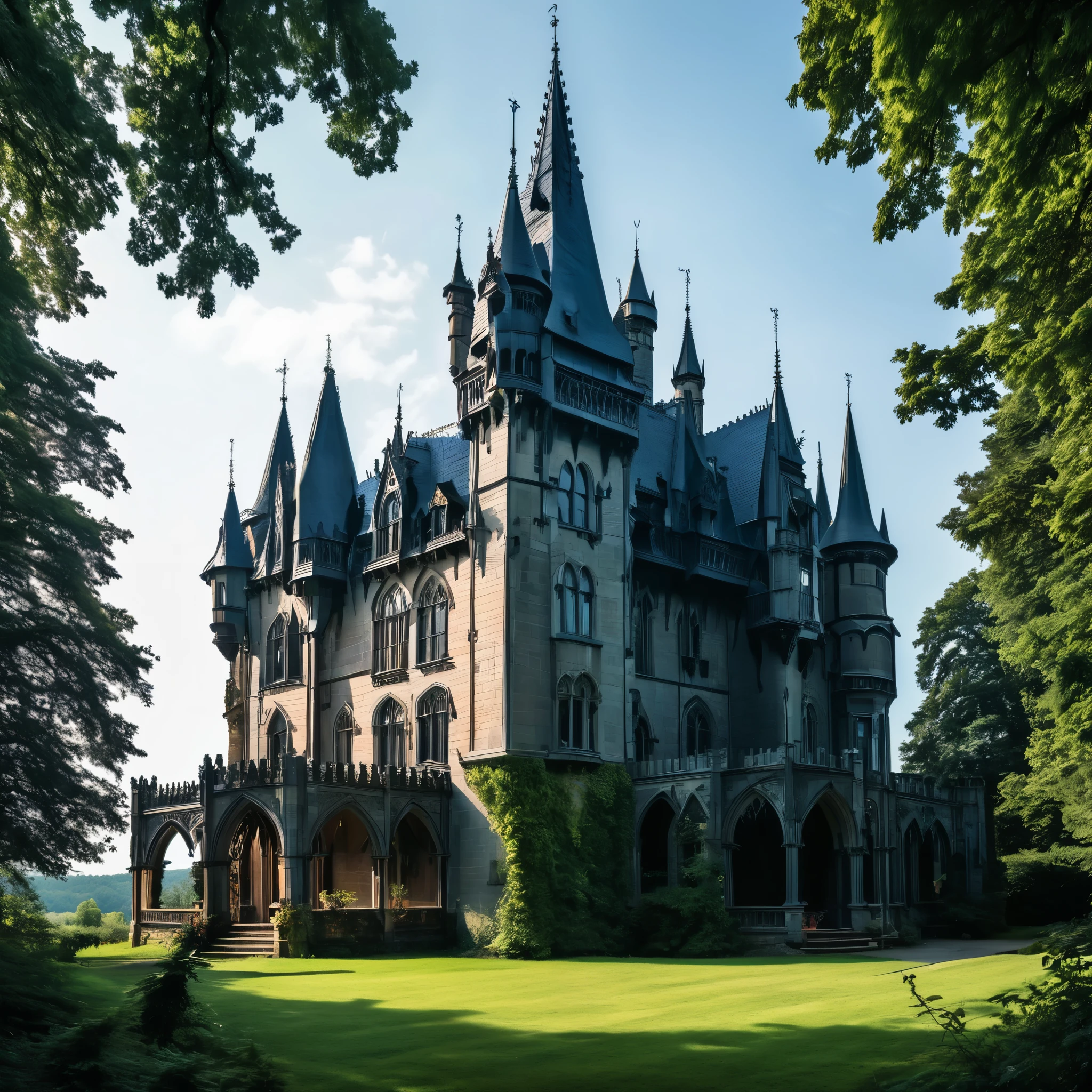 Create a description of a Gothic-style castle with an airy view, emphasizing its mysterious nature.