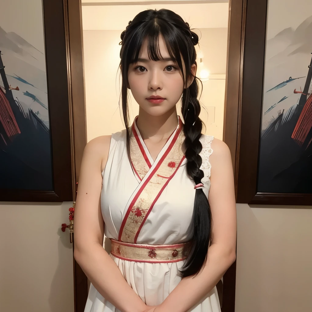 Lin Mingmei, 1 girl, alone,full body shot, Braid, looking at the viewer, dress, long hair, traditional media, sign, bangs, compensate, Put your own hands together, black hair, Upper body, lipstick, drill hair, artist name, twin Braids, bridal gauntlet, No sleeve