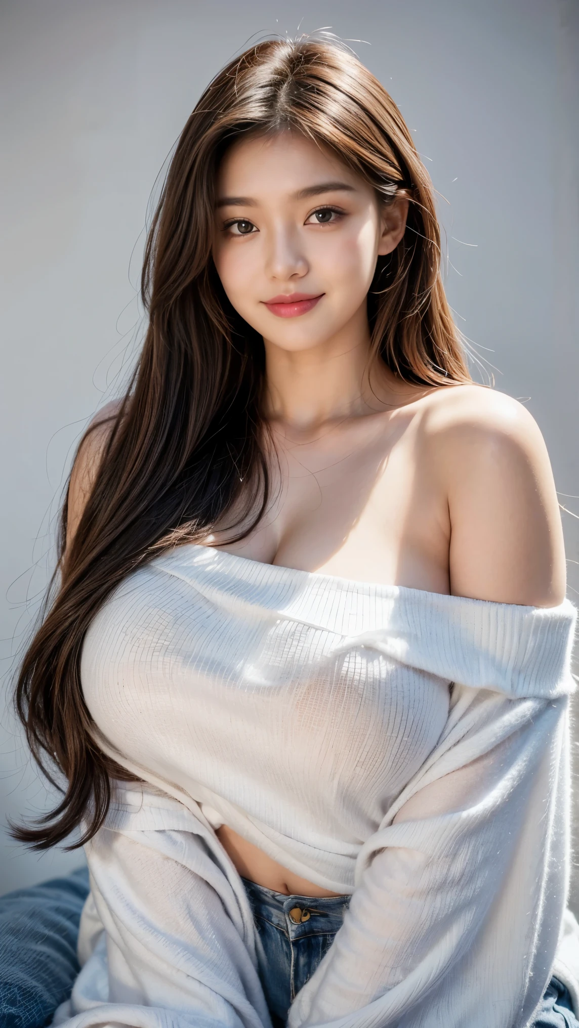 I am a 19 year old age girl, slightly large hips, long straight hair, ((hair detail)) (face detail), round face, smiling, masterpiece, high resolution, ((skin detail)), (face detail), (hair detail)), big , innocent girl, face, soft girl, beautiful breasts, pale skin, realistic lighting, (((Off-the-shoulder clothing))), (casual wear), cute hair accesories, show cleavage, (wearing a oversize tshirt), Ultra HD, ultra realistic, FHD,