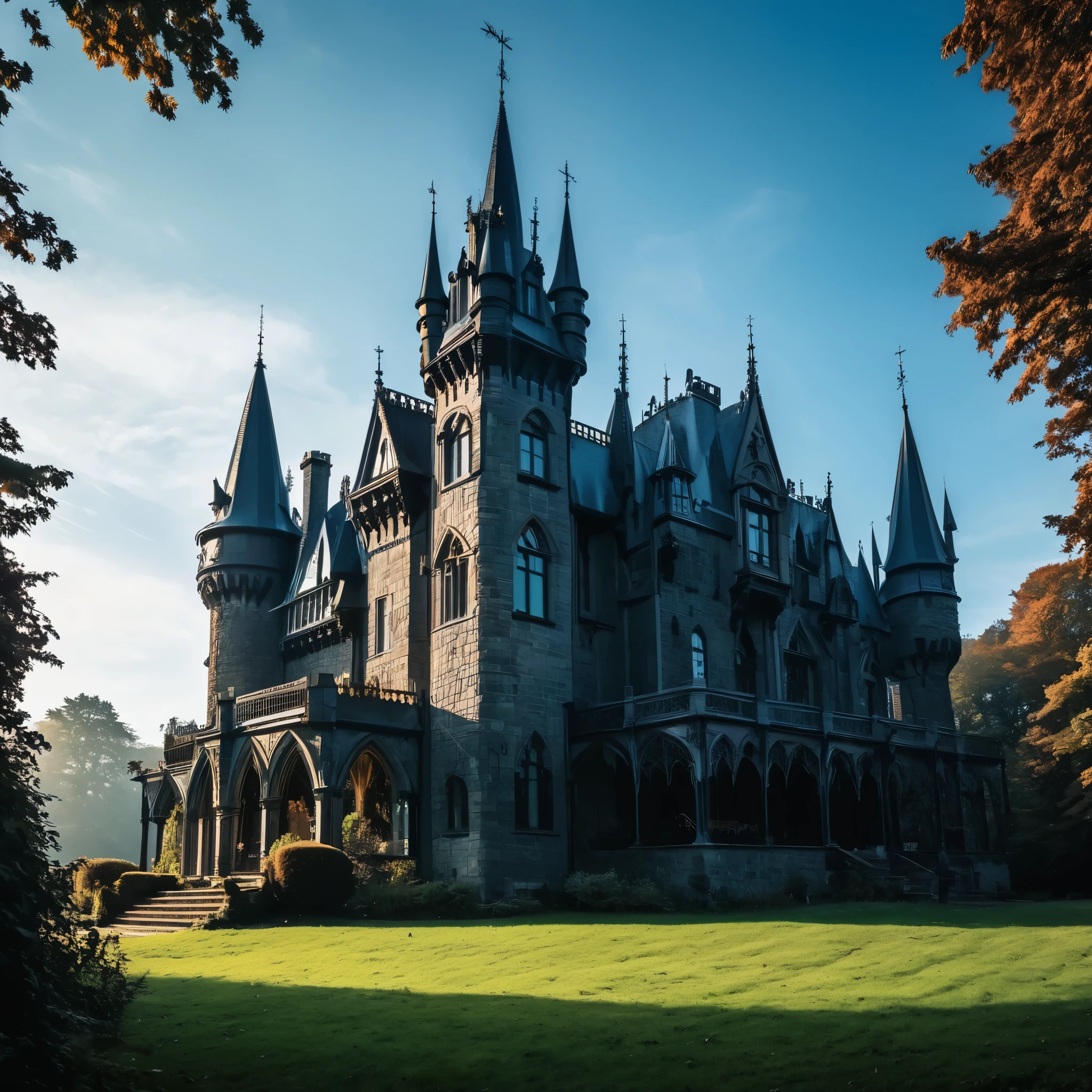 Create a description of a Gothic-style castle with an airy view, emphasizing its mysterious nature.