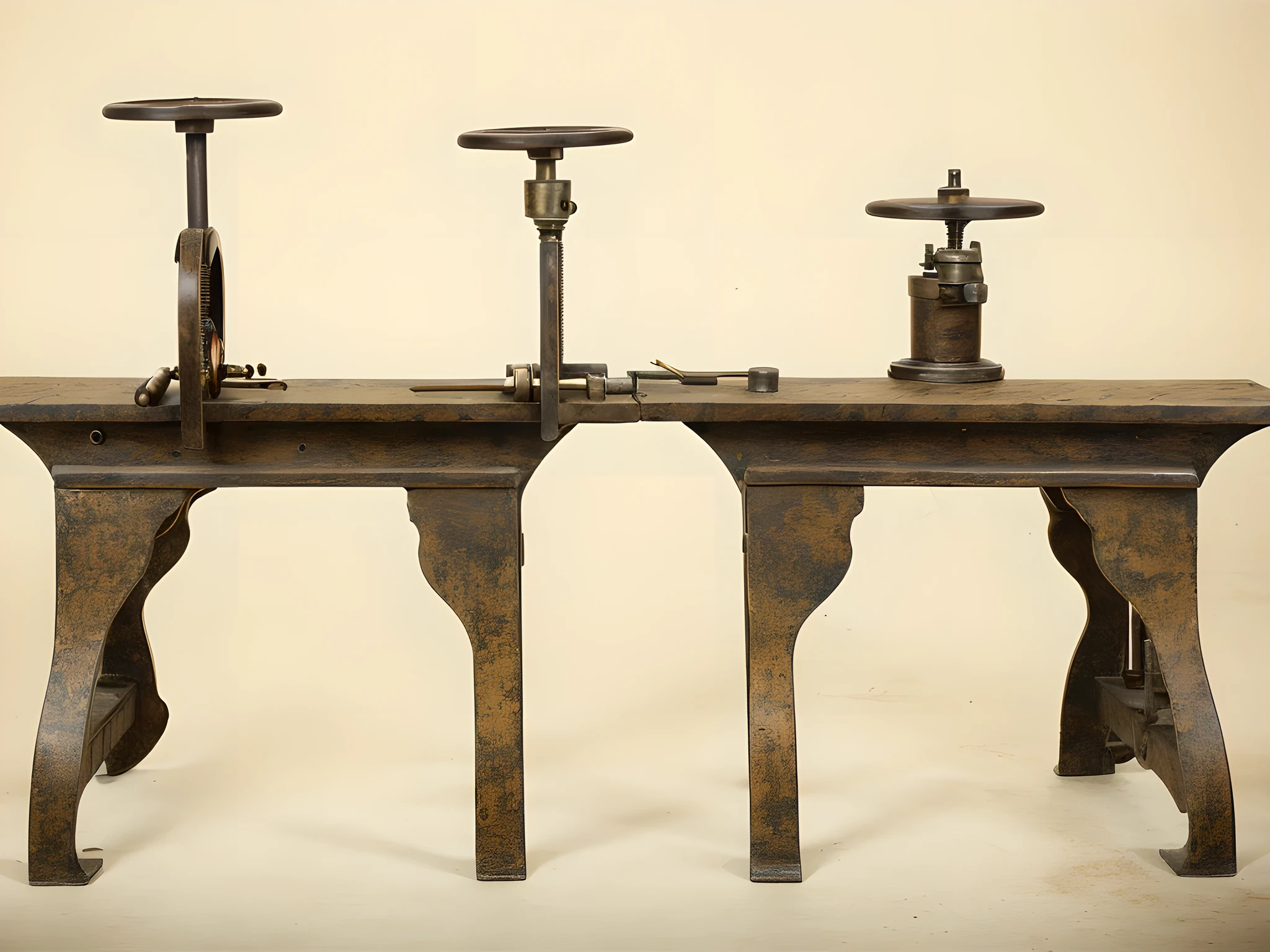 Classical Photography Craftsmanship,Ink gum process,There are two old metal tools on the table, Mechanical detail, brass and wood mechanisms, scrap metal on work长椅es, Detailed photos, Mechanical details, lever, Detailed studio photos, mechanical hand, Double-barreled gun,  ( Mechanical ), detailed mechanical hand, mechanism, control panel, technical details, valve,32k Ultra HD，lifelike，Super detailed 