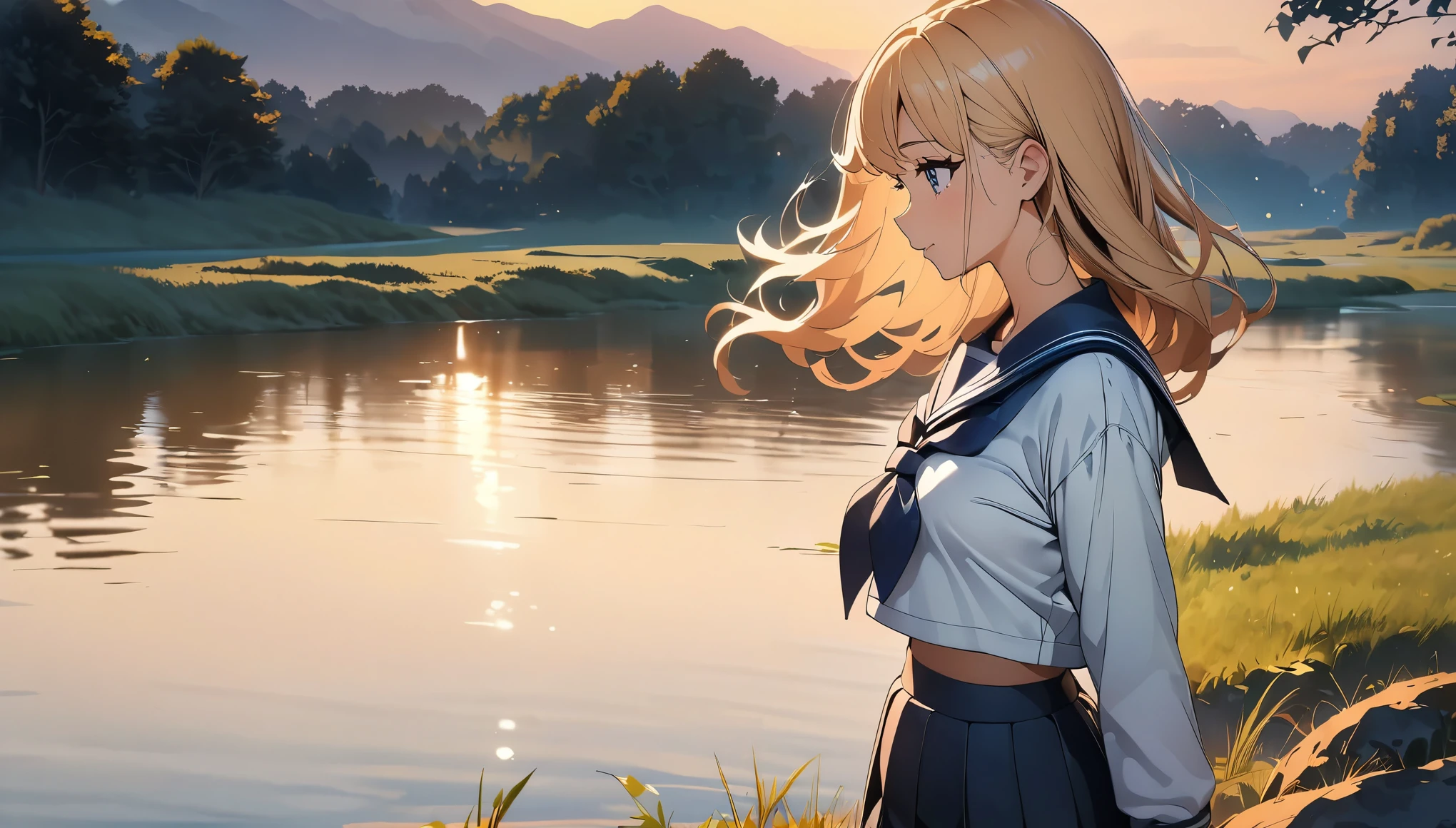 (highest quality, 4k, 8k, High resolution, masterpiece:1.2), Super detailed, (anime, animeスタイル:1.37), Beautiful woman, 1 girl, evening, A woman standing by the pond, JK, sailor suit, 