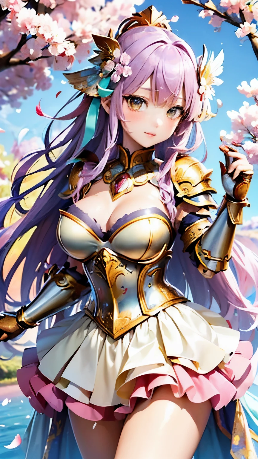 masterpiece、High resolution、highest quality、4k、(((whole body)))、1 beautiful girl、real anime、warrior goddess、((桜の花のようなarmor、ビキニarmor、ドレスarmor、armor))、cherry blossom accessories、Big eyes、cute eyes、pink hair、ponytail、open mouth smile、cheek、raising one hand、A small bird is perched on one hand.、(((super big breasts、cleavage、ピンク色の女神のピンクのwing、wing、cherry blossom tiara)))、Background of many cherry blossoms blooming、Many cherry blossom petals are flying、