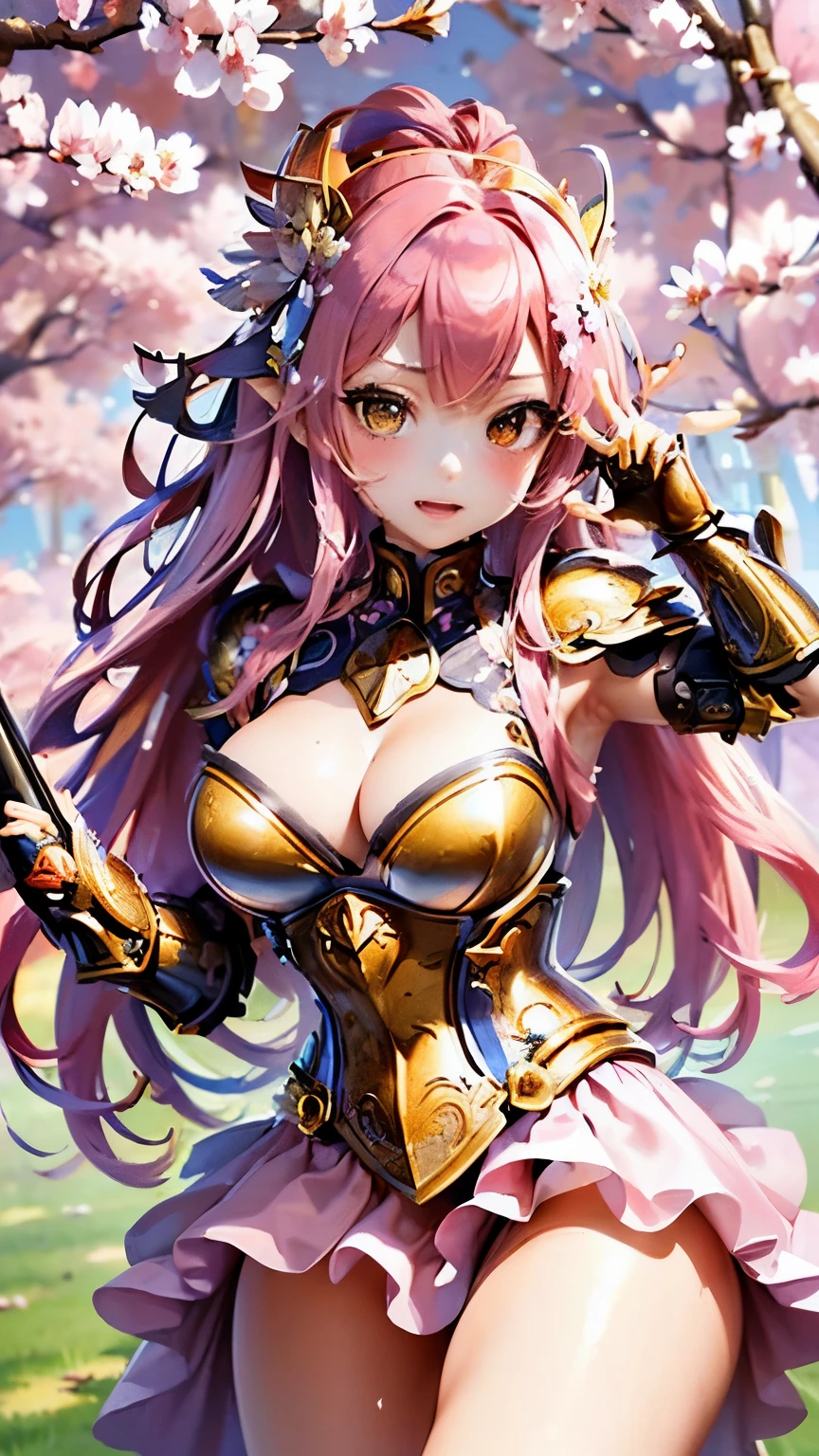 masterpiece、High resolution、highest quality、4k、(((whole body)))、1 beautiful girl、real anime、warrior goddess、((桜の花のようなarmor、ビキニarmor、ドレスarmor、armor))、cherry blossom accessories、Big eyes、cute eyes、pink hair、ponytail、open mouth smile、cheek、raising one hand、A small bird is perched on one hand.、(((super big breasts、cleavage、ピンク色の女神のピンクのwing、wing、cherry blossom tiara)))、Background of many cherry blossoms blooming、Many cherry blossom petals are flying、