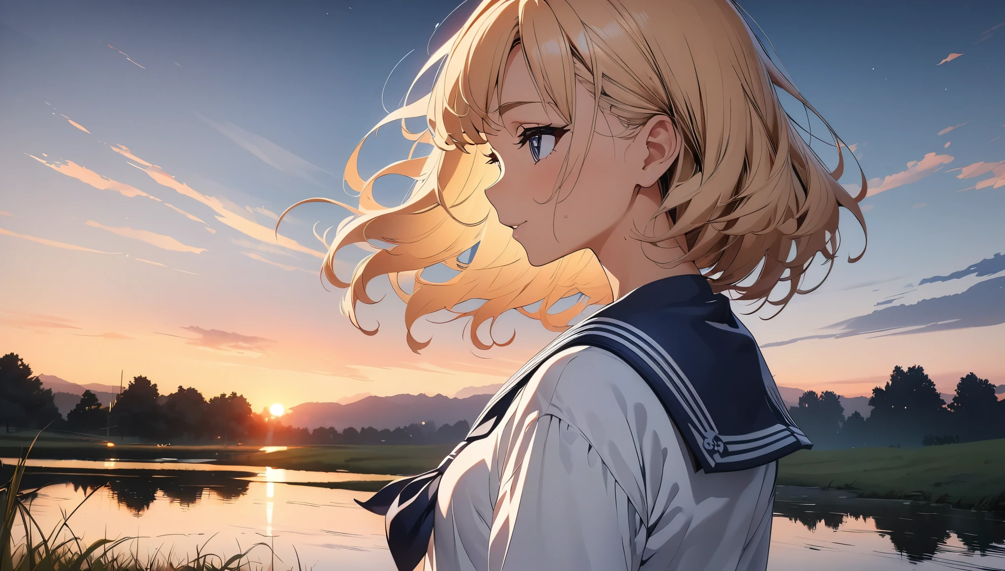 (highest quality, 4k, 8k, High resolution, masterpiece:1.2), Super detailed, (anime, animeスタイル:1.37), Beautiful woman, 1 girl, evening, A woman standing by the pond, JK, sailor suit, 