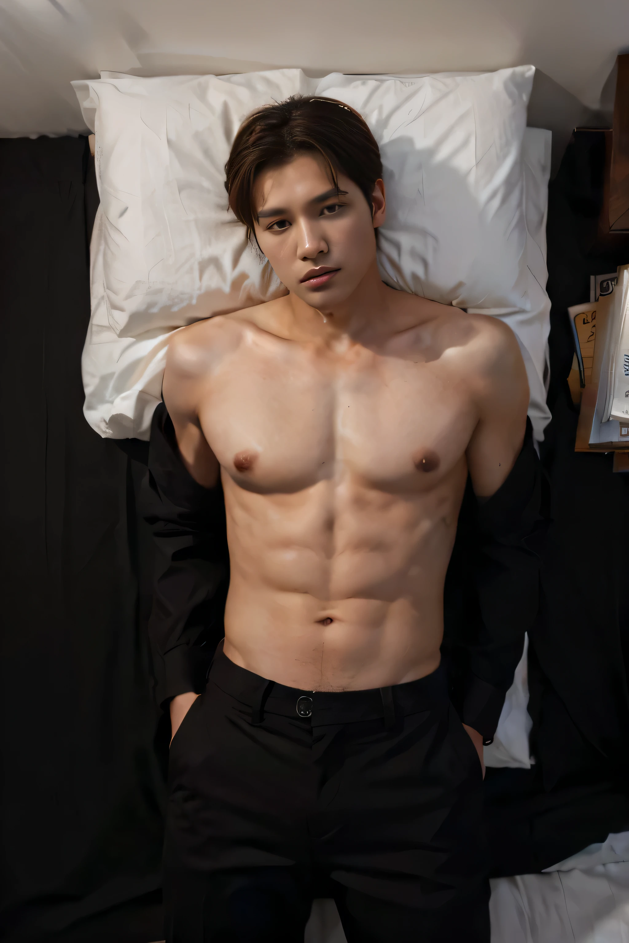 ((full body shot)), (masterpiece), a very handsome korean young man on a bed while wearing black formal pants, unbuttoned shirt, model, romantic filter, slight smile, sharp features, almond eyes, straight nose, sharp jawline, v-line, smooth abs, majestic handsome guy, hd, ultra hd, high quality, (black pants), white king sized bed with brown accents
