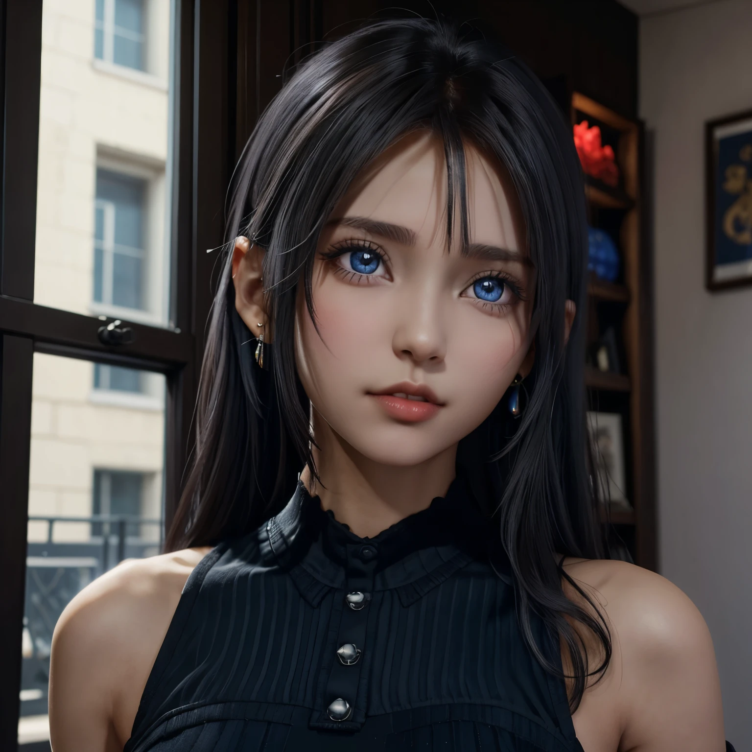 Chica de ojos negros y cabello oscuro que le llega a la media espalda , tiene labios rojos y carnosos , lleva unos aretes y piercing en la nariz . Tiene puesto un vestido que le queda a la medida de color azul . Es hermosa