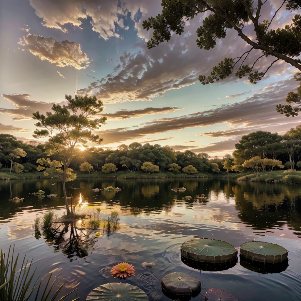 (best quality,highres:1.2),ultra-detailed,realistic,landscape,evening pond,beautiful reflections,tranquil atmosphere,soft sunlight,serene water surface,lush green vegetation,peaceful setting,calm and quiet scene,natural harmony,subtle color palette,soothing ambiance,gentle breeze,slender reeds,distant birdsong,vivid colors,sunset hues,majestic beauty,crimson and golden sky,dreamlike,ethereal,water lilies floating,submerged rocks,rippled patterns on the water,sublime tranquility,harmonious balance,effortlessly elegant composition