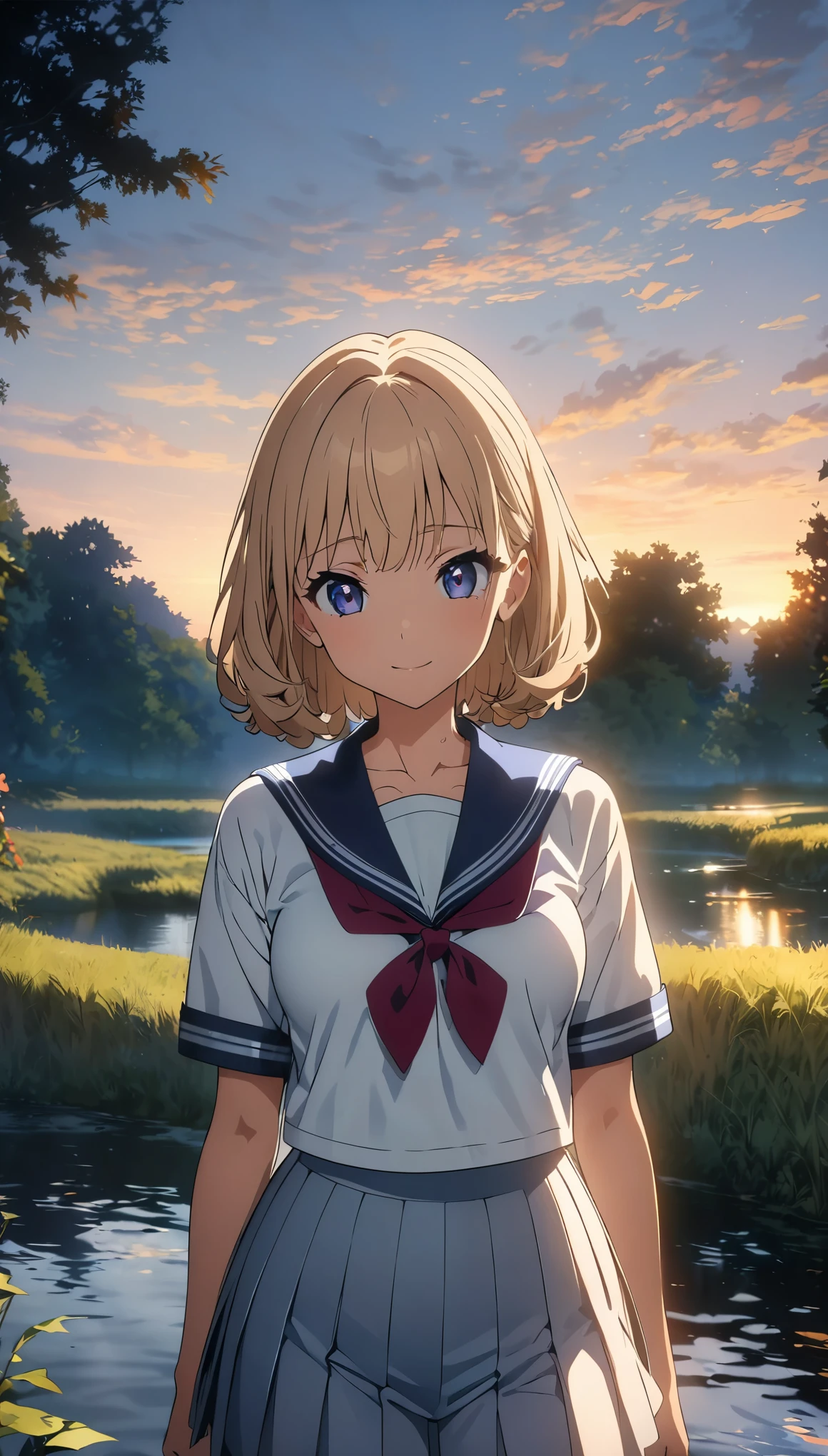 (highest quality, 4k, 8k, High resolution, masterpiece:1.2), Super detailed, (anime, animeスタイル:1.37), Beautiful woman, 1 girl, evening, A woman standing by the pond, JK, sailor suit,