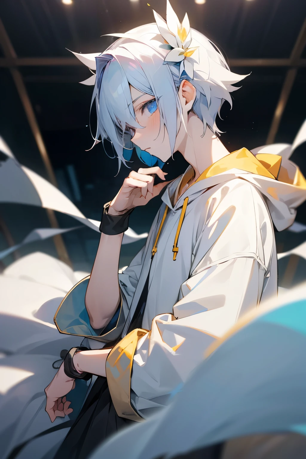 Character: Young male
Appearance: Pale skin, yellow and blue eyes
Hair: Short, messy/cute/loose, white
Expression: Yandere characteristics, looking at viewer, heart shapes in eyes, blush, obsessive expression
Setting: Inside apartment, close-up view, profile view
Style: Anime style
Body Language: Possessive body language
Accessories: Flower crown
Clothing: Pastel blue hoodie, white shirt, yellow cuffs/sleeve on wrist
Atmosphere: Creepy, discomforting vibe, showcasing yandere character trait