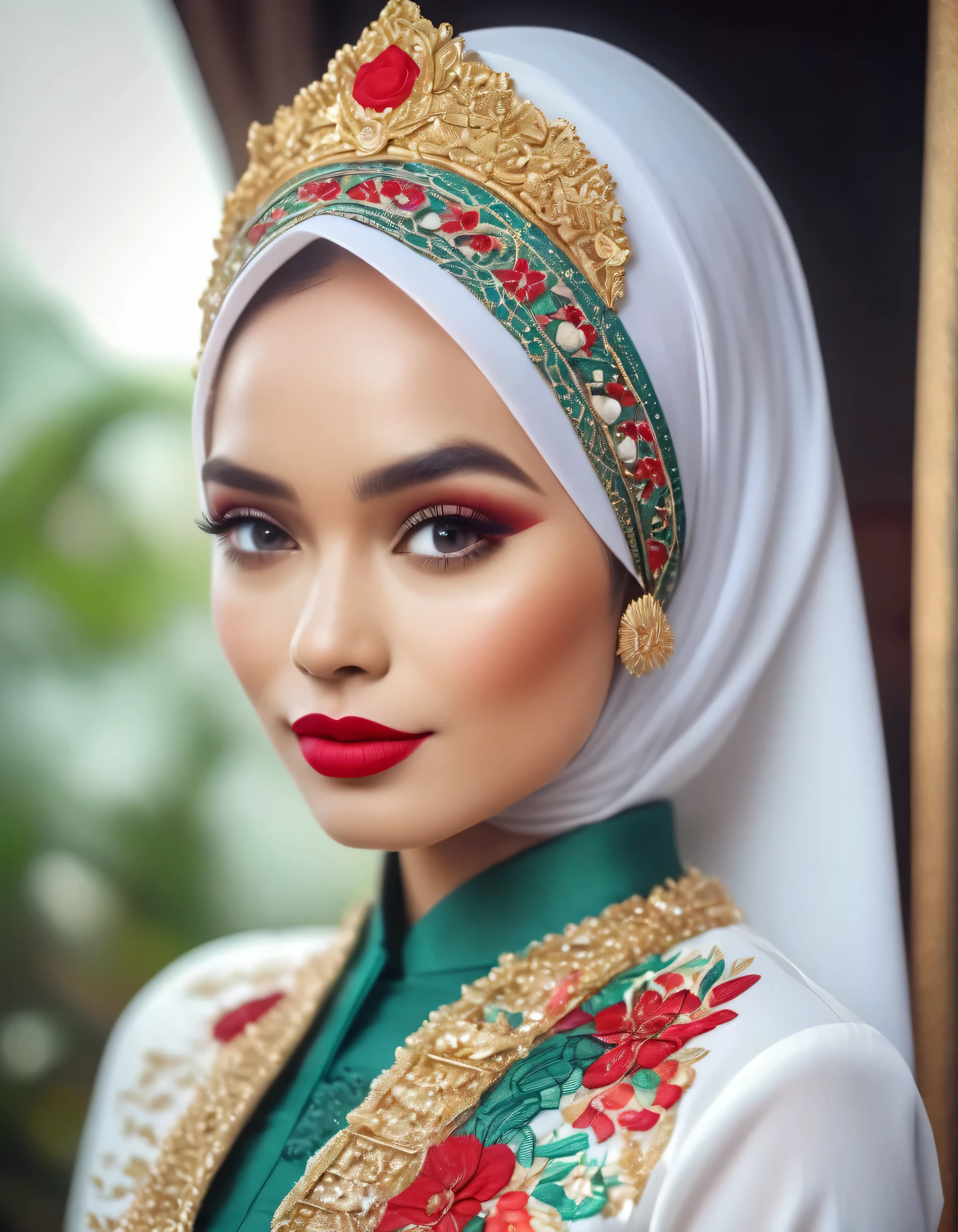 A young woman wearing a hijab, traditional Indonesian Sundanese clothing, creative kebaya colors with Indonesian culture, thick make-up face, red lipstick, wedding decoration background, white shades, detailed,professional photography, Uhd, hyper realistic, hyper detailed, hypersensitivity